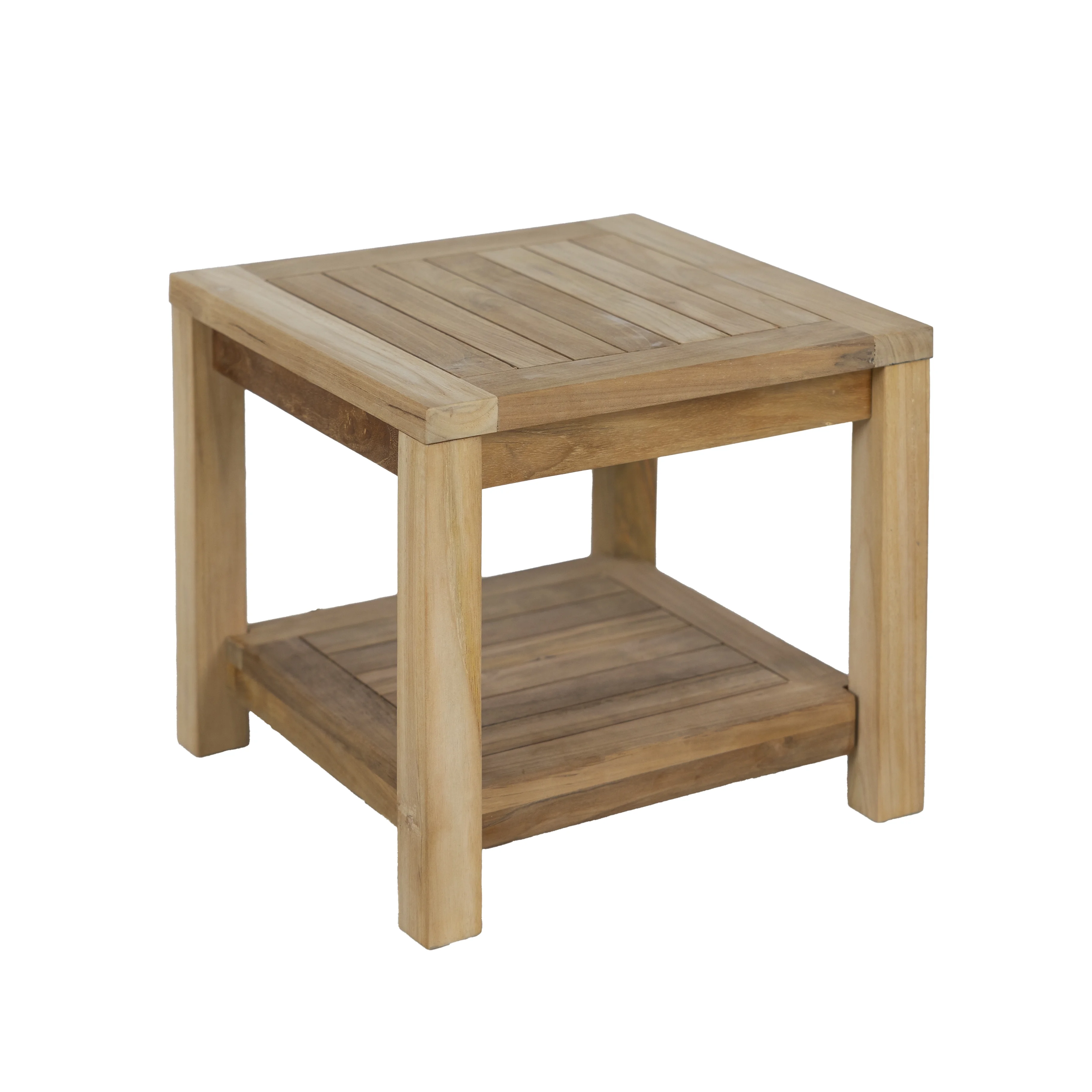 RRI Goods Square Side Table with storage shelf, Teak Wood Patio End Table