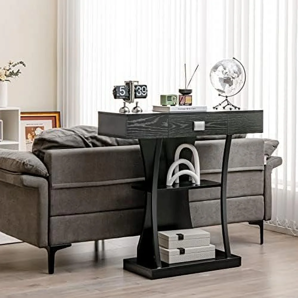 NLTBONNIE 3-Tier Console Table  Narrow Sofa Table with  Drawer  Open Shelves & Anti-Tipping Device  Modern Foyer Behind Couch Table  Entryway Table for Entry  Hallway  Living Room (Gr
