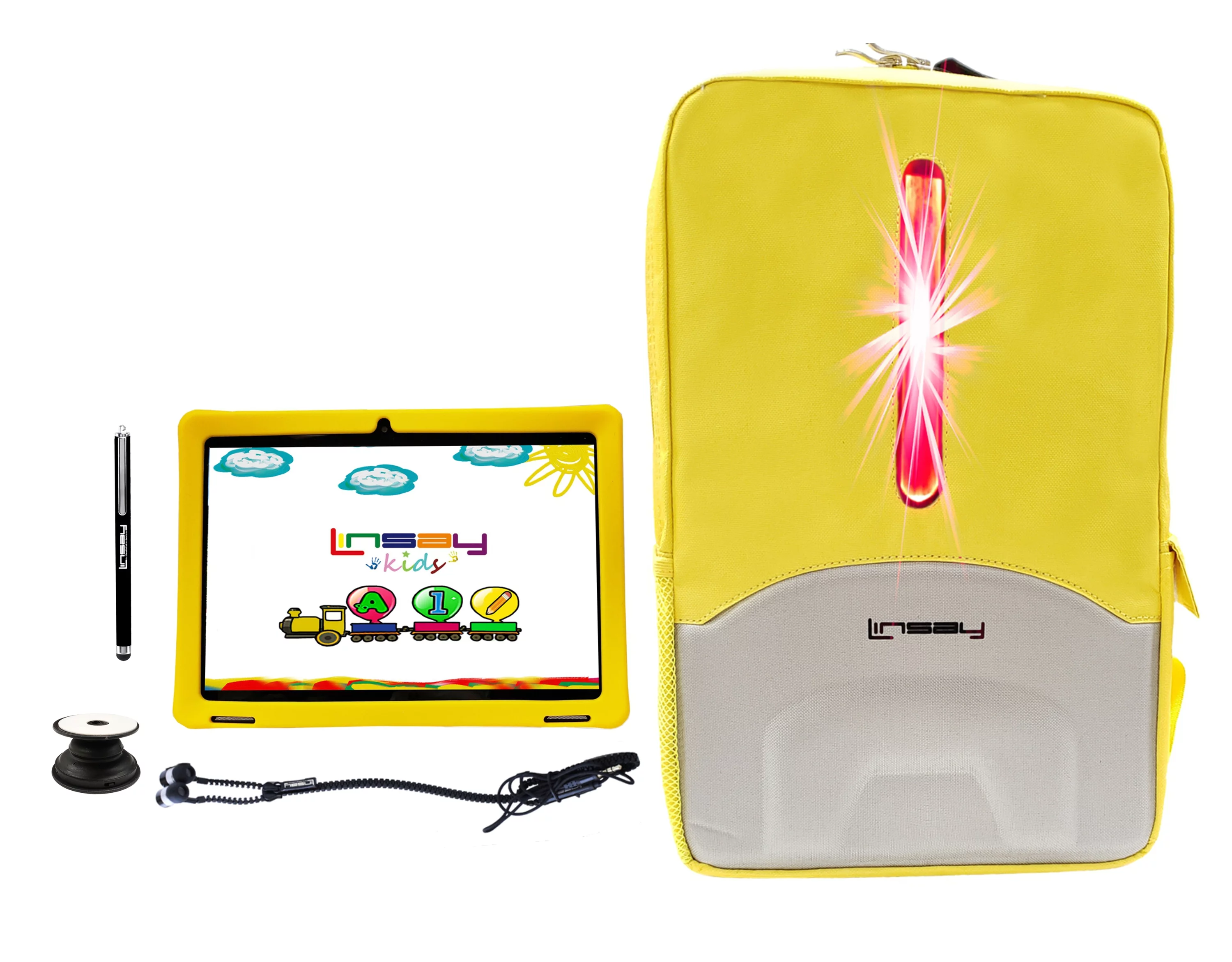 LINSAY 10.1 inch Wi-Fi tablet Octa Core 4GB Ram 128GB Android 13 Tablet for kids, Camera, Apps, Games with Yellow Defender Case, LED Backpack, Earphones, Holder and Pen