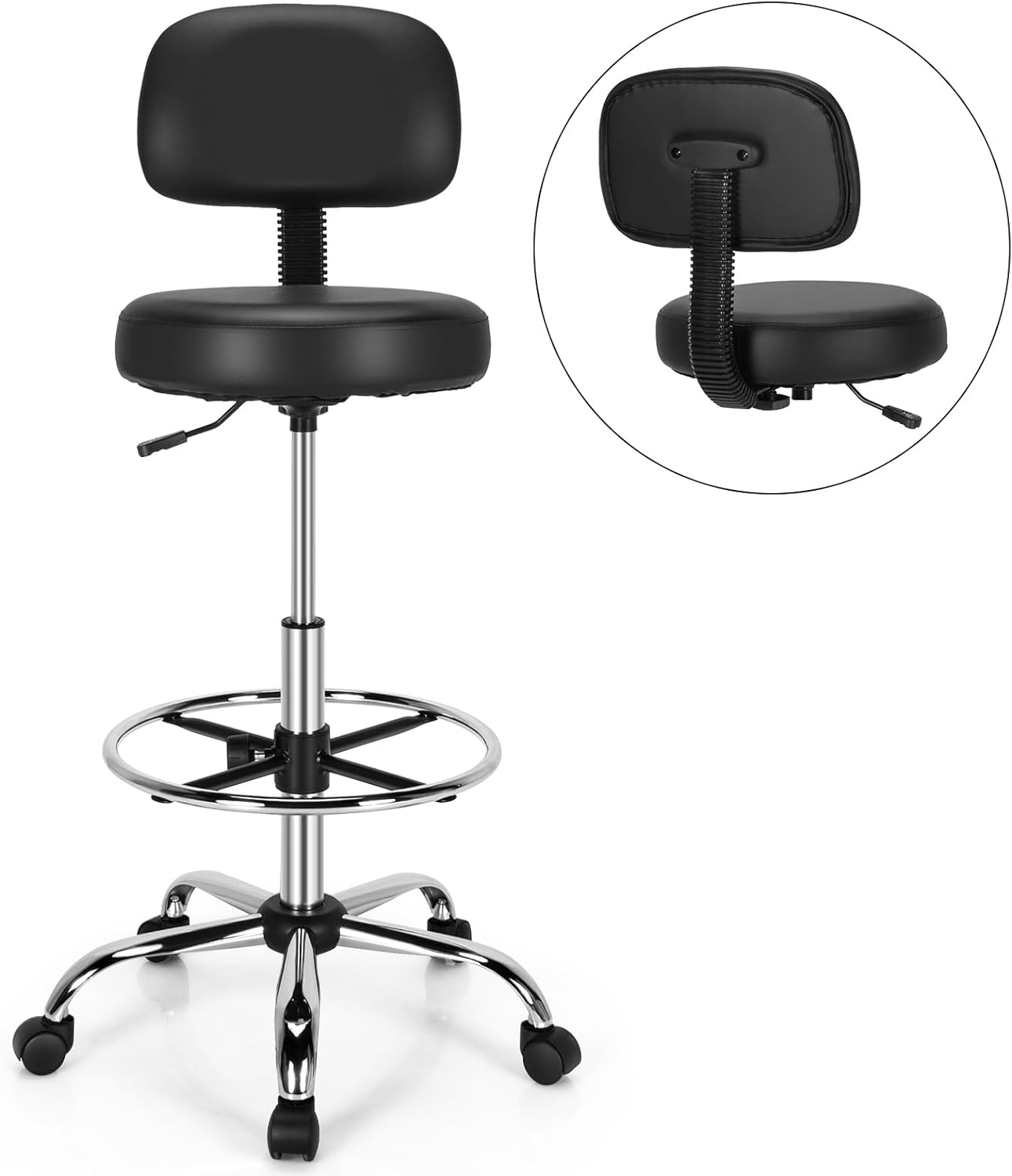 Drafting Chair with Footrest and Backrest, Leather Thick Seat Cushion Office Desk Chair, Swivel Rolling Wheels Bar Stool for Spa, Studio, Classroom, Lab, Counter, Salon, Home Office