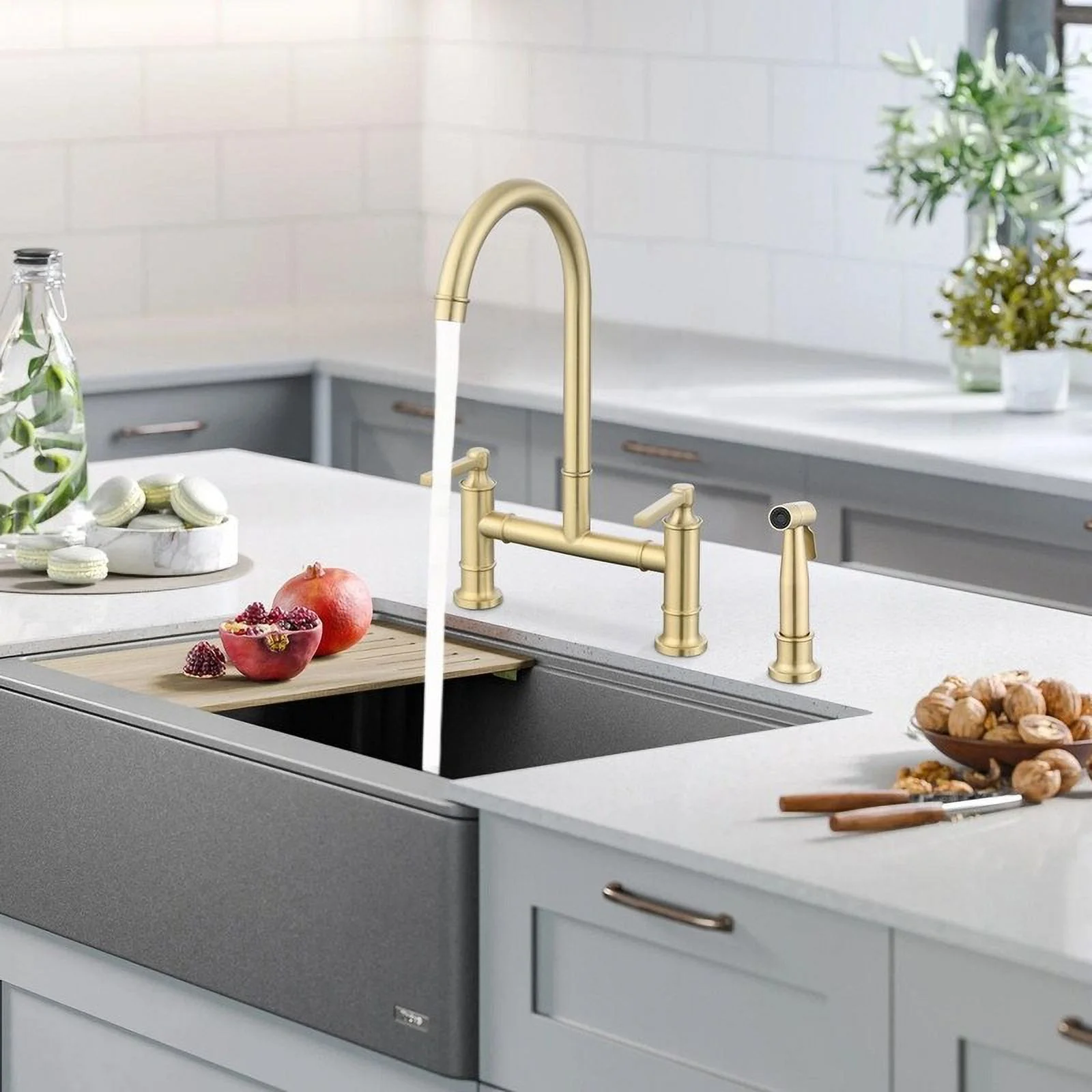 Double Handle Bridge Kitchen Faucet with Side Spray Brushed Nickel