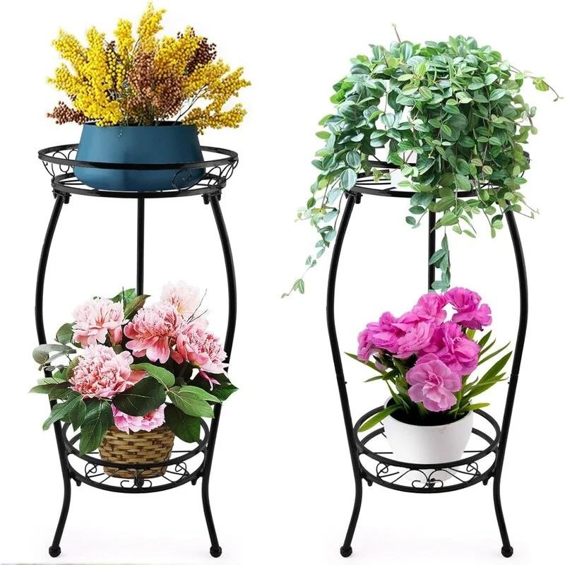 2 Pack 2 Tier Metal Plant Stands Indoor Outdoor