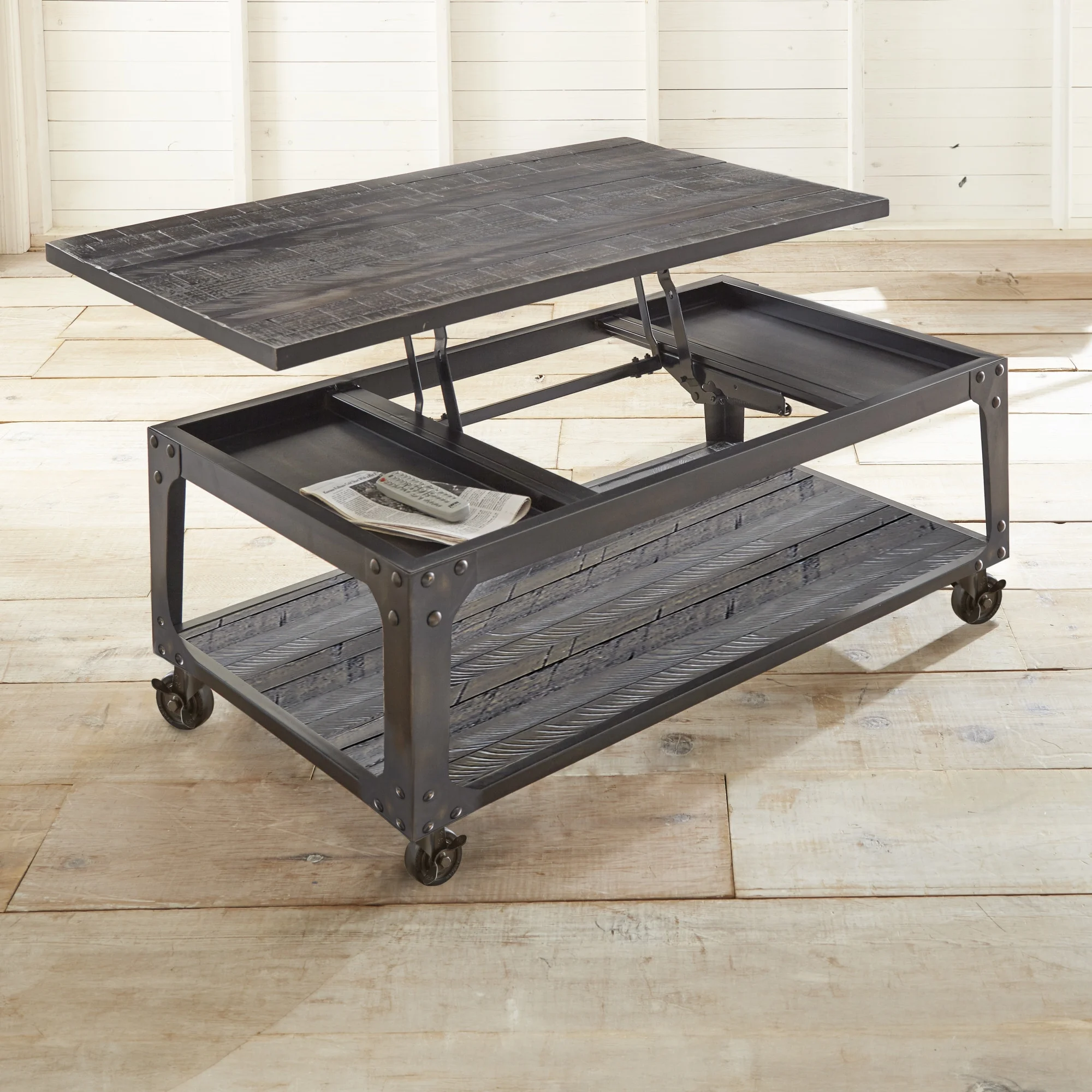 Steve Silver Sherlock Indoor Industrial Lift with Casters Rectangle Coffee Table, Charcoal