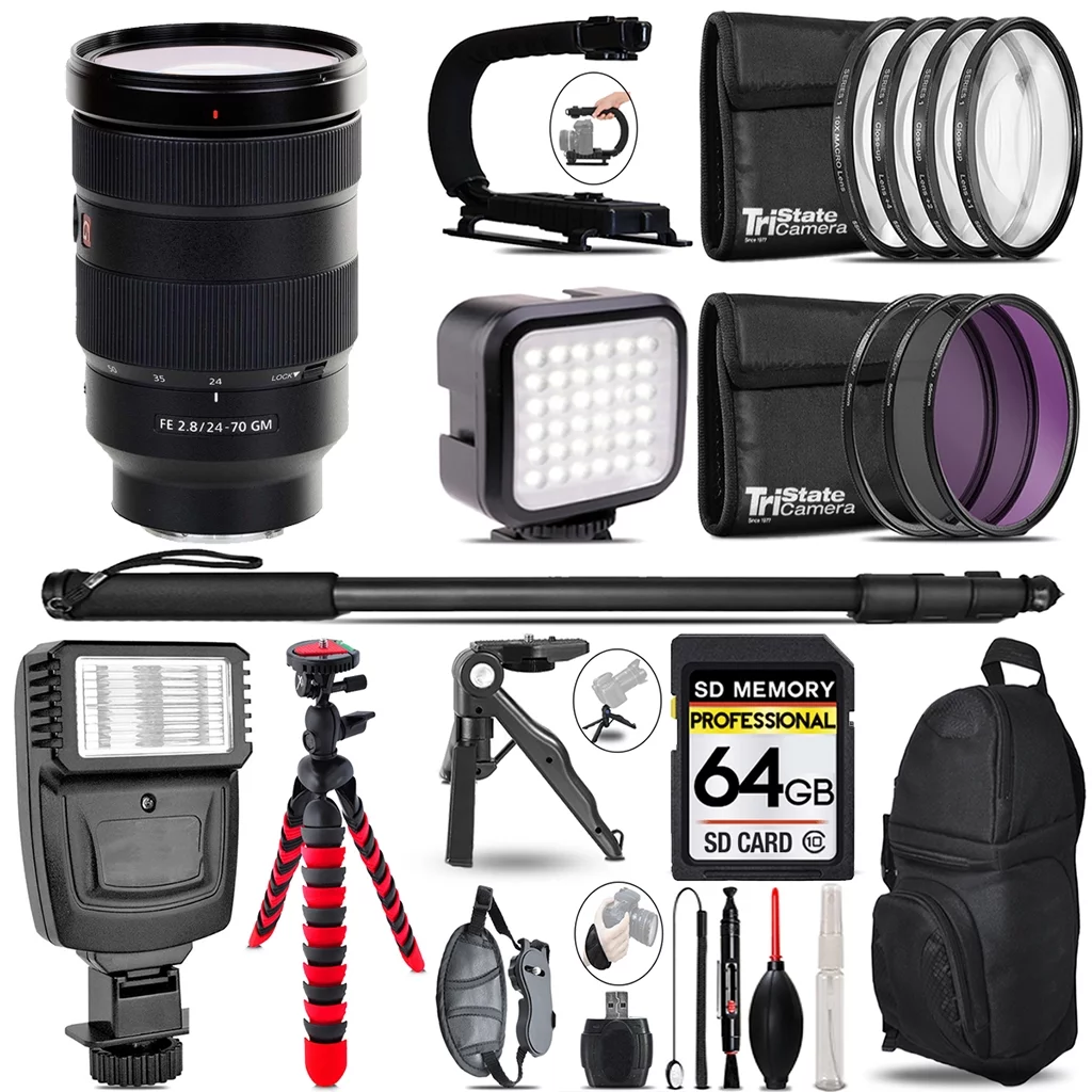 Sony FE 24-70mm f/2.8 GM Lens - Video Kit + Slave Flash + Monopad - 64GB Accessory Bundle
