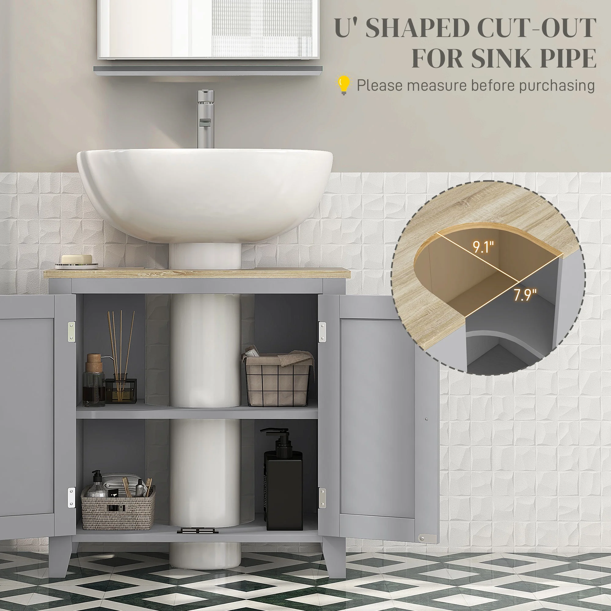 kleankin Pedestal Sink Cabinet, Bathroom Vanity Cabinet with U-Shape
