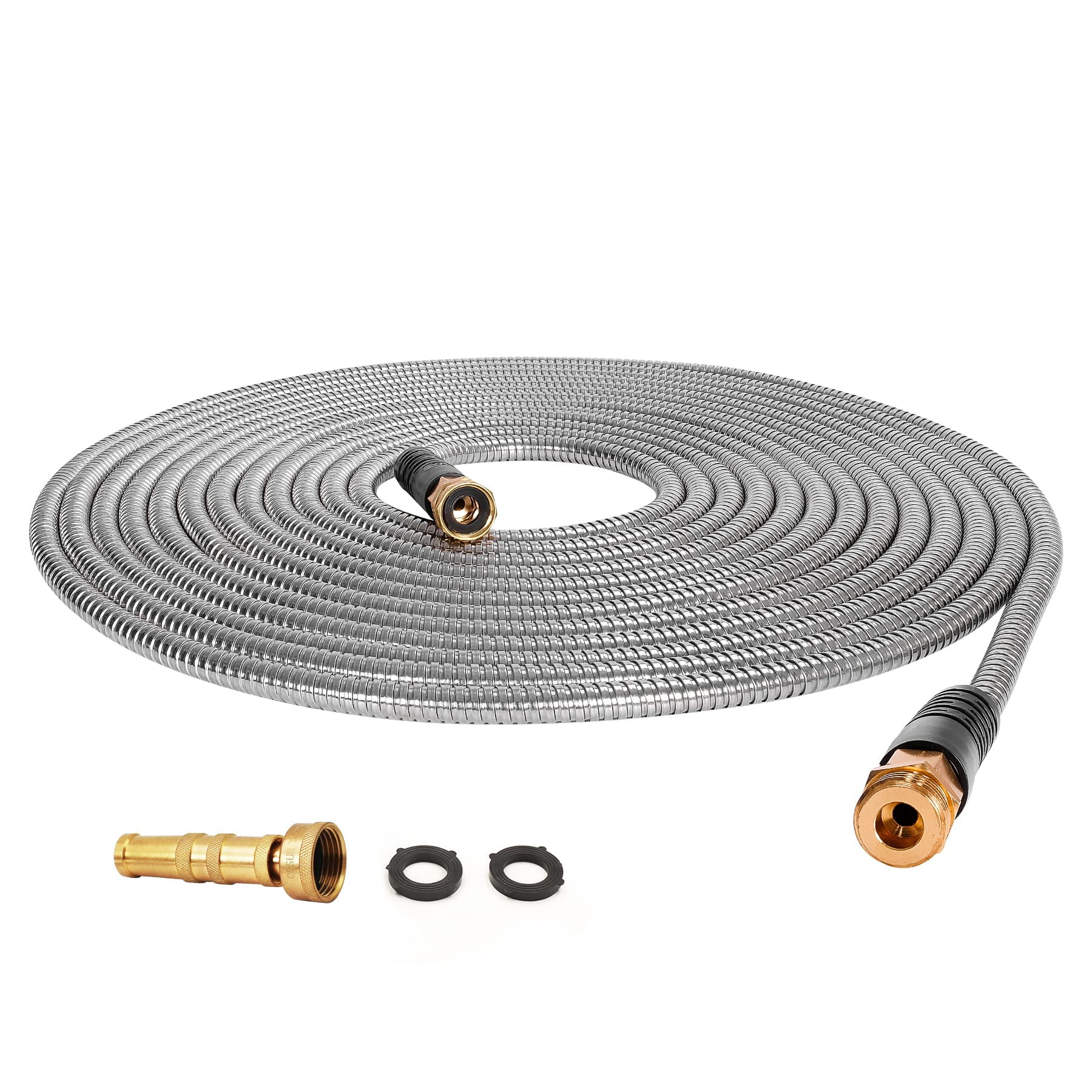 Cesun Metal Garden Hose 75ft - 304 Stainless Steel Water Hose, Flexible, Lightweight and No-Kink Metal Hose with Brass Nozzle for Outdoor, Yard