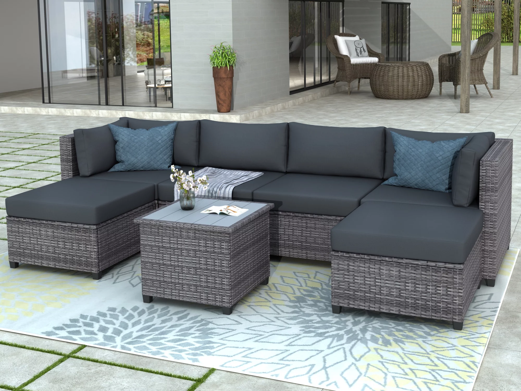 Euroco 7 Piece Rattan Sectional Seating Group with Cushions, Outdoor Ratten Sofa Set for 6 Persons, Gray