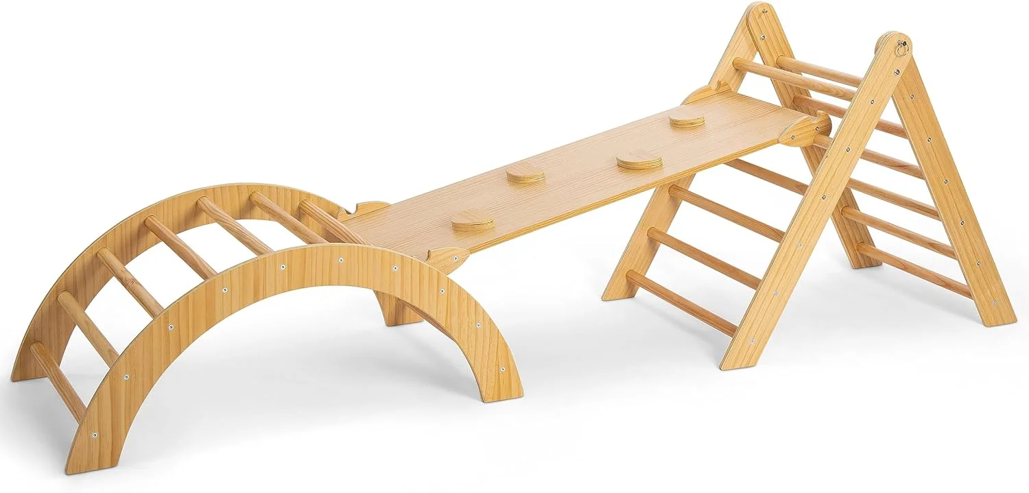 YOUB Cedar 5-in-1 Indoor Gym Playset - Montessori Climbing Set with Arch - Adjustable Triangle Ladder, Climbing Ramp, Arch Climber, Rocker, Slide - Toddler Gym Ages 18 mo to 4yr (Natural)