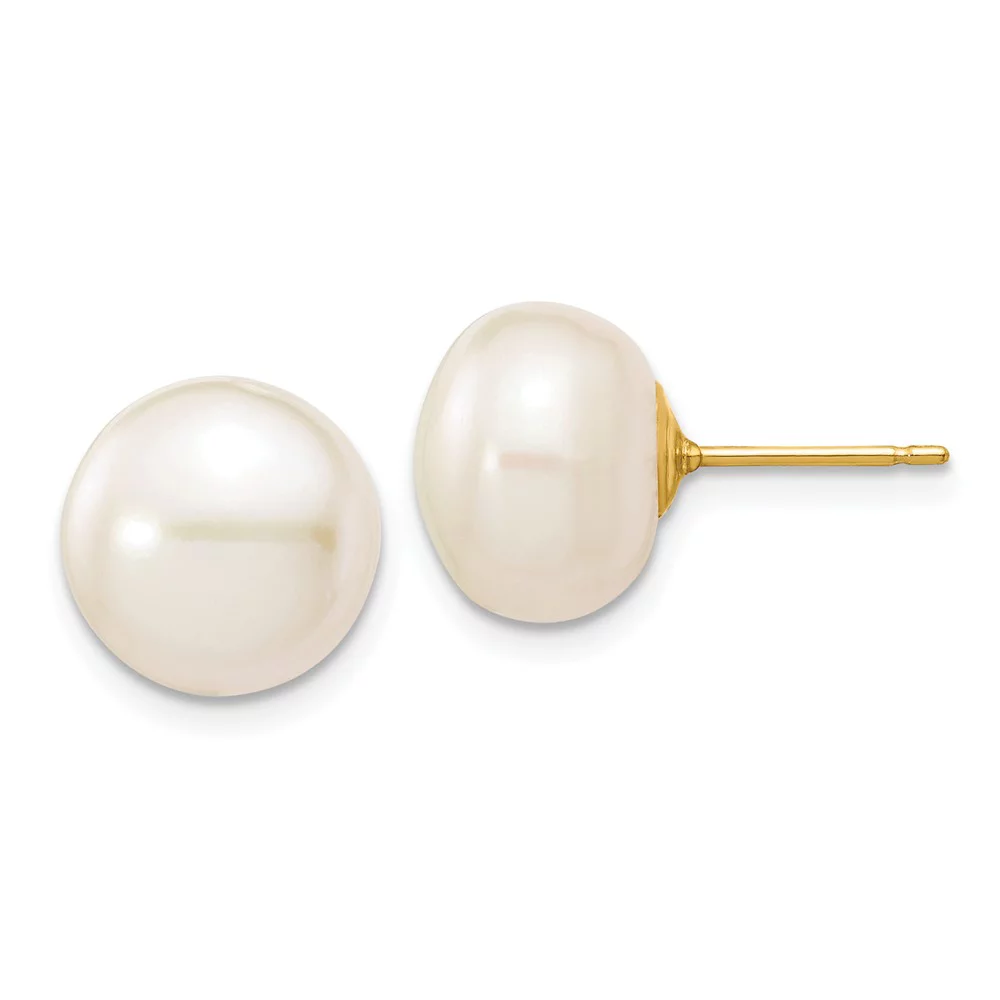 14k Yellow Gold 10-11mm Button Freshwater Cultured Pearl Stud Earrings 10x10 mm