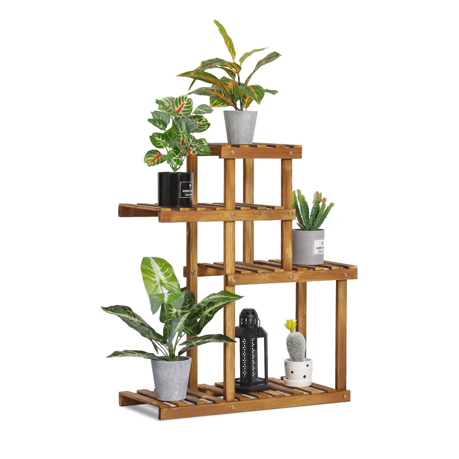 MoNiBloom Wood 4 Tiers Plant Stand, Flower Organizer Rack, Carbonized, for Indoor Outdoor