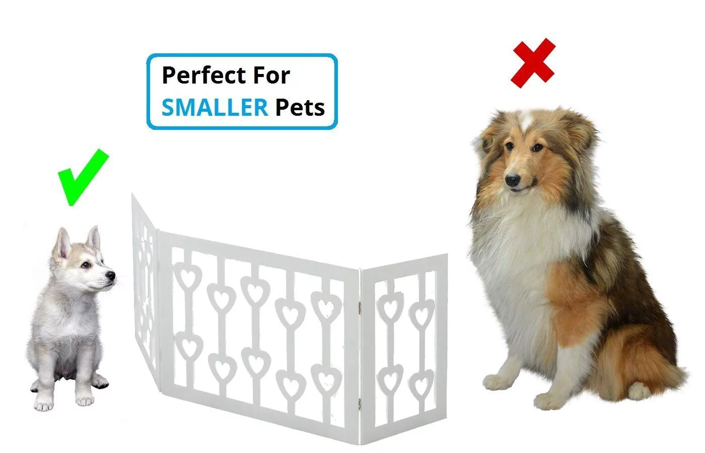 Zoogamo 3 Panel White Wooden Hearts Design Pet Gate - Freestanding Tri Fold Durable Wooden Dog Fence - Indoor/Outdoor Barrier for Stairs & Doorways