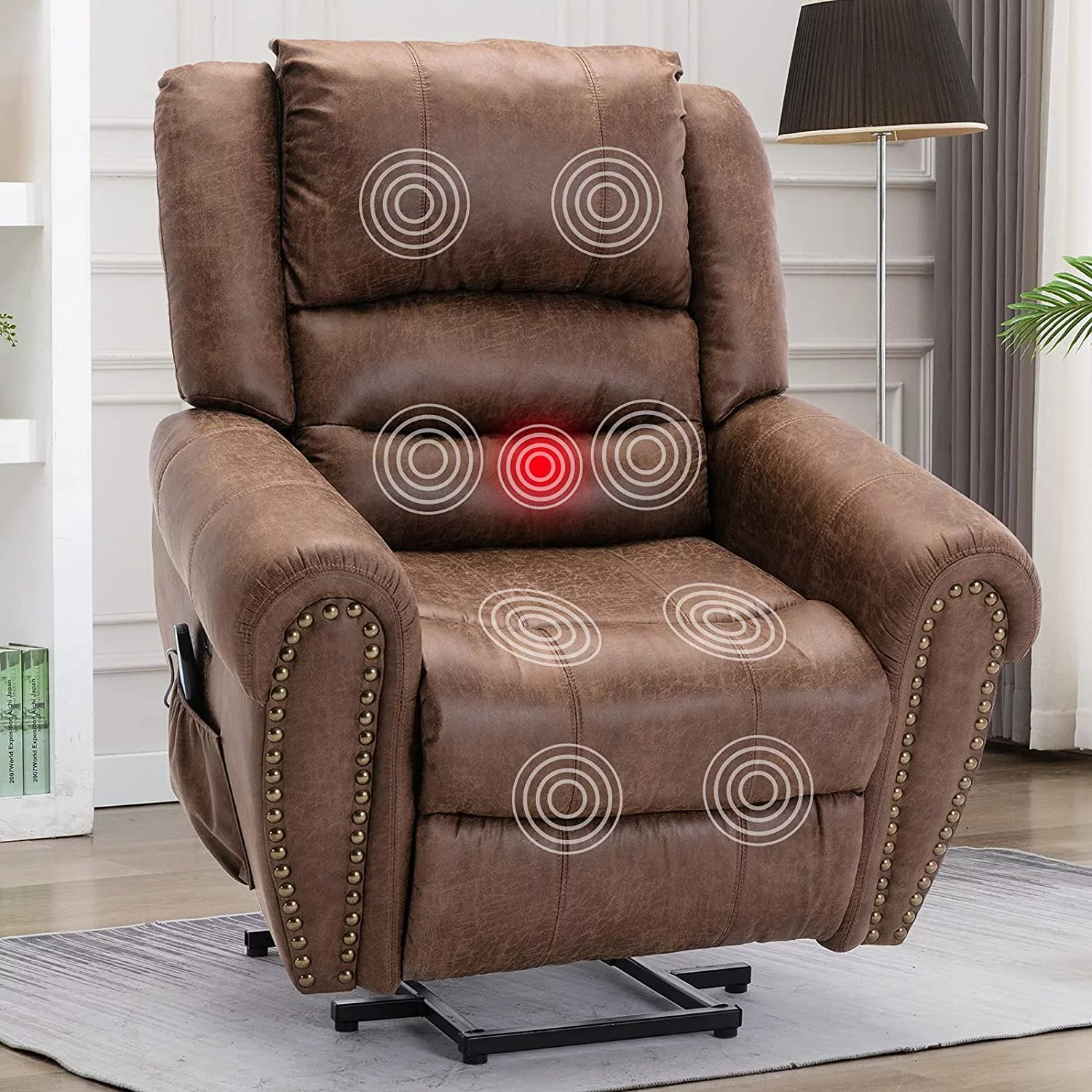 Simore Large Power Lift Recliner Chairs with Massage and Heat, Faux Leather Electric Lift Chairs for Elderly, Nut Brown