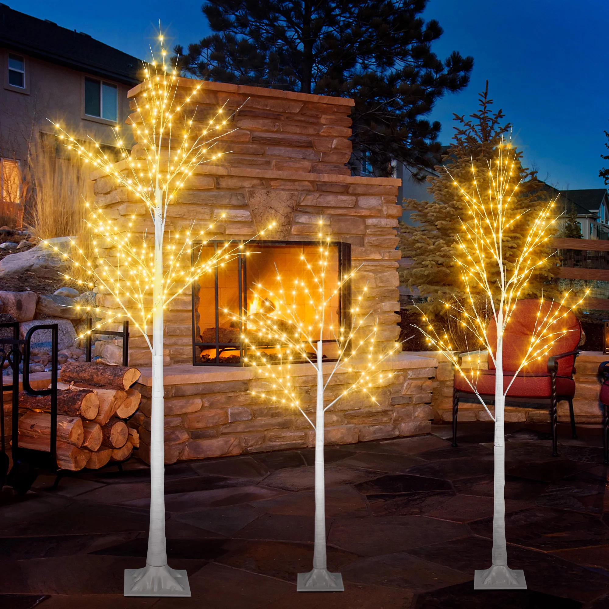 Birch Tree Lighted, 3-Pack Pre-lit Christmas Trees, White Artificial Lighted Trees, 4’ 5’ 6’ All-Weather LED Warm Lighted Trees for Home Decoration
