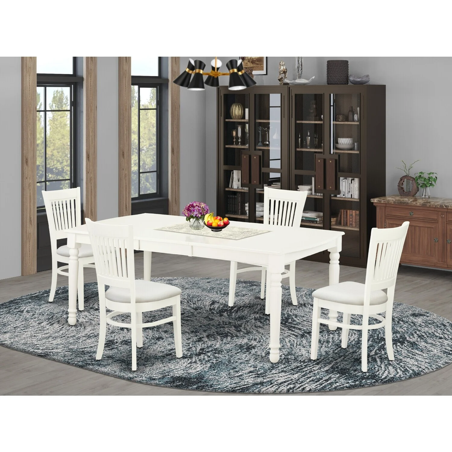 HomeStock Medieval Majesty 5-Pc Wood Dining Table Set-4 Kitchen Chair With Slatted Back And Linen Fabric Seat-A Butterfly Leaf Dining Table With Rectangular Top And 4 Legs- Linen White Finish