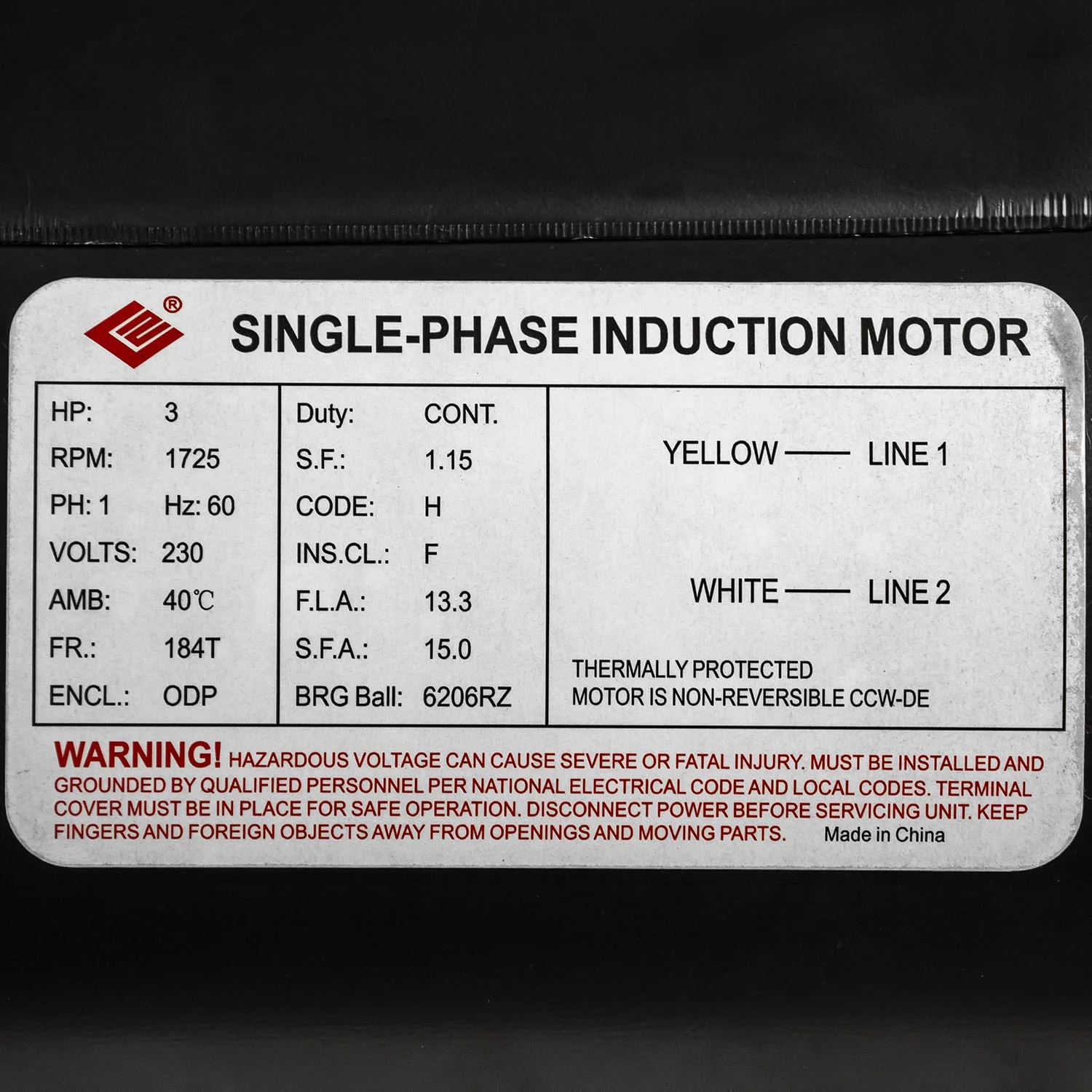 ﻿3 HP Electric Motor Single Phase 1725 RPM 230 Volts 1-1/8