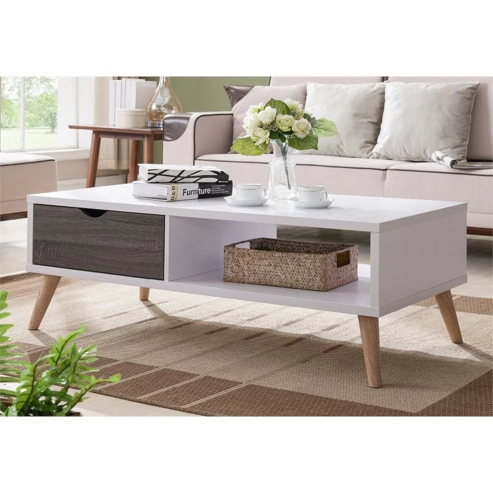 Furniture of America Paulson Wood 1-Drawer Coffee Table in White and Dark Gray