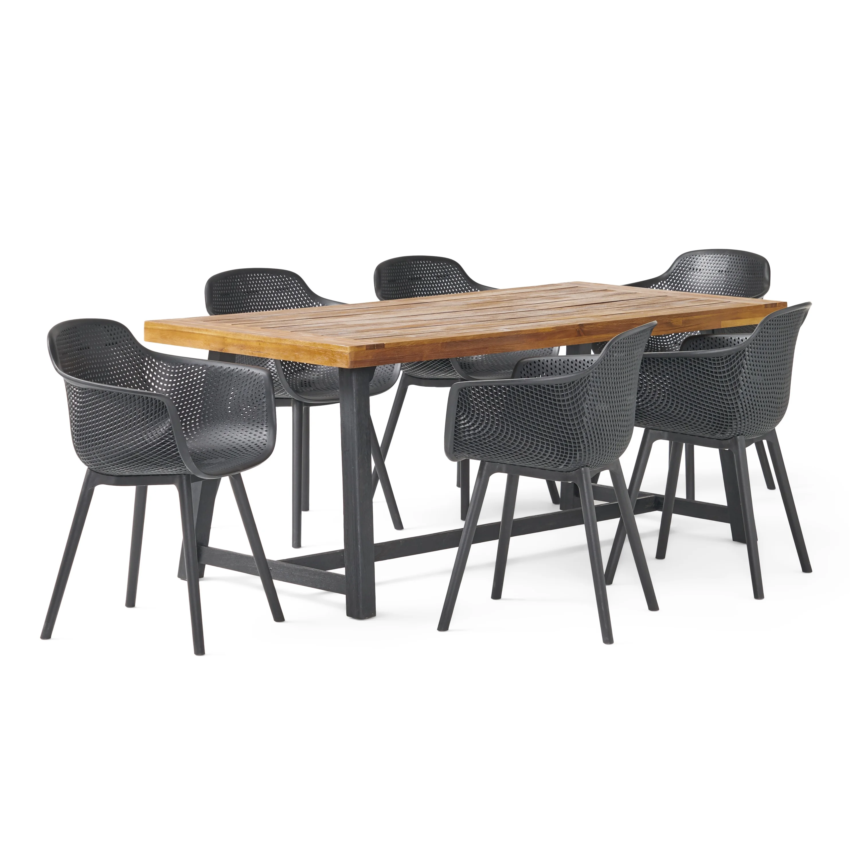 GDF Studio Trinity Outdoor Acacia Wood and Resin 7 Piece Dining Set, Black and Sandblasted Teak