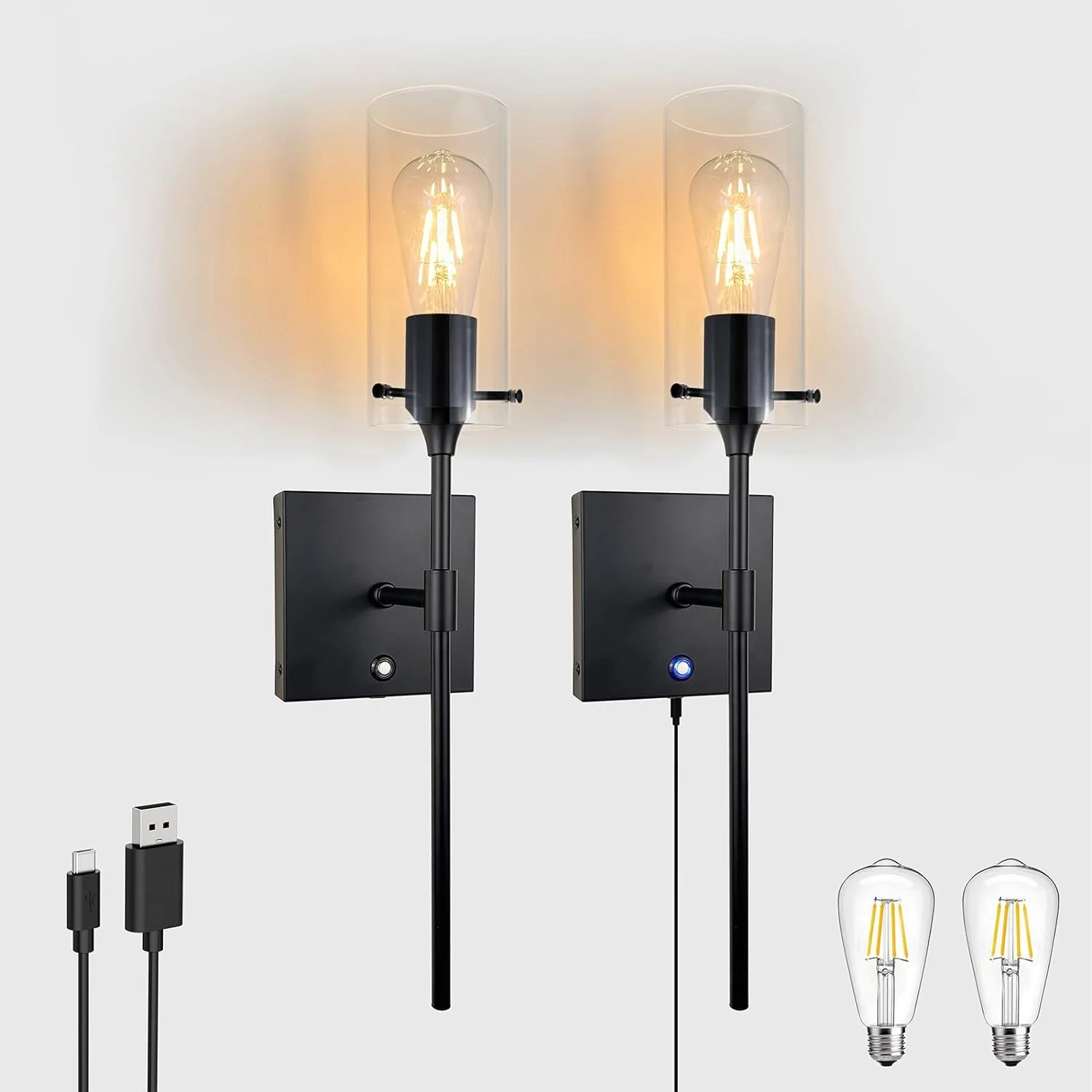 Dimmable Battery Operated Wall Sconce Set of 2, Rechargeable Wall Mount Light No Wiring, Easy Install Wireless Wall Lamp for Living Room Bedroom Hallway Farmhouse Indoor, Bulb Included