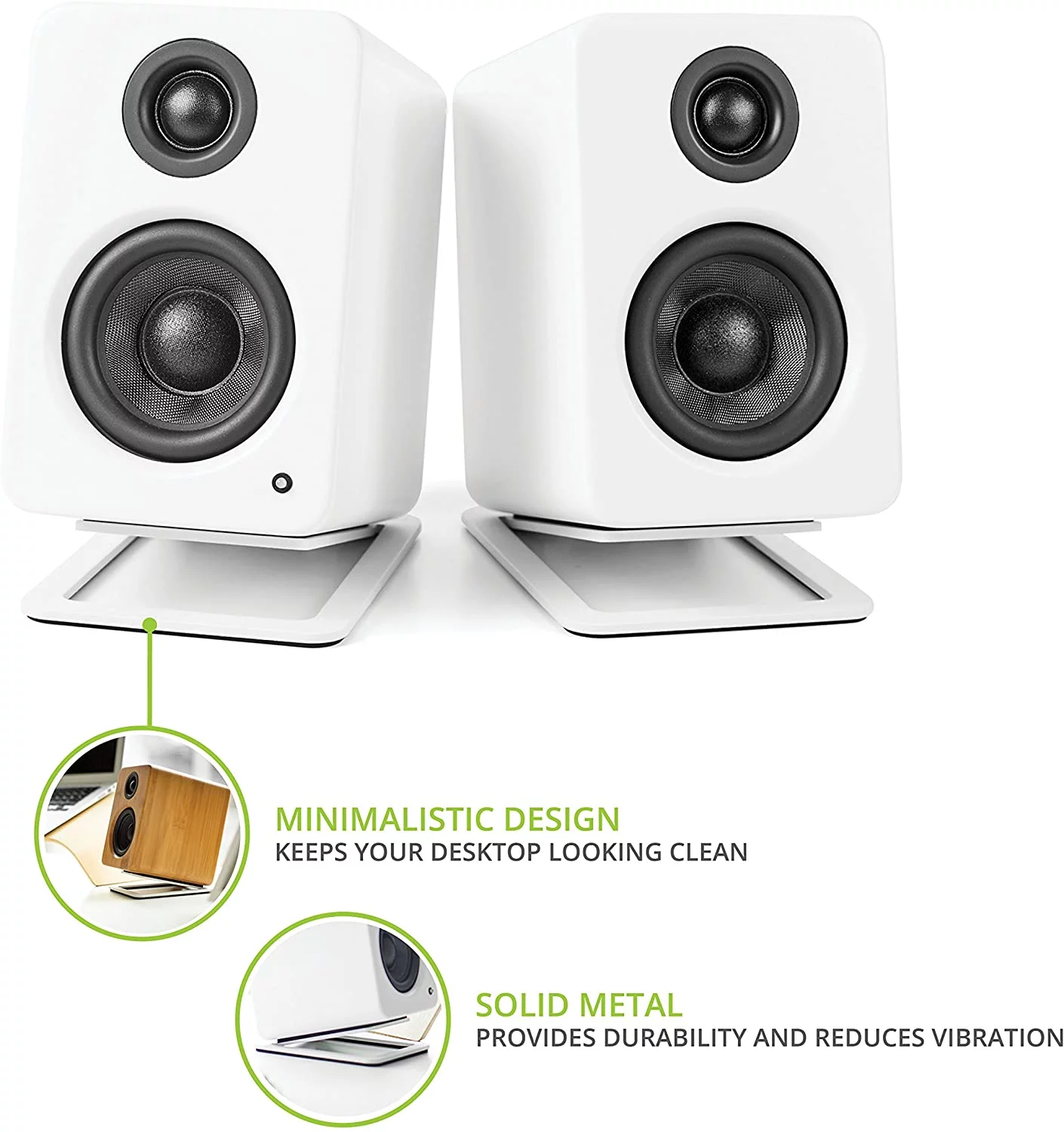 Kanto YU2 100W PC Gaming Desktop Speakers - Matte White (Pair) with Kanto S2W Angled Desktop Speaker Stands - White (Pair) (2022)