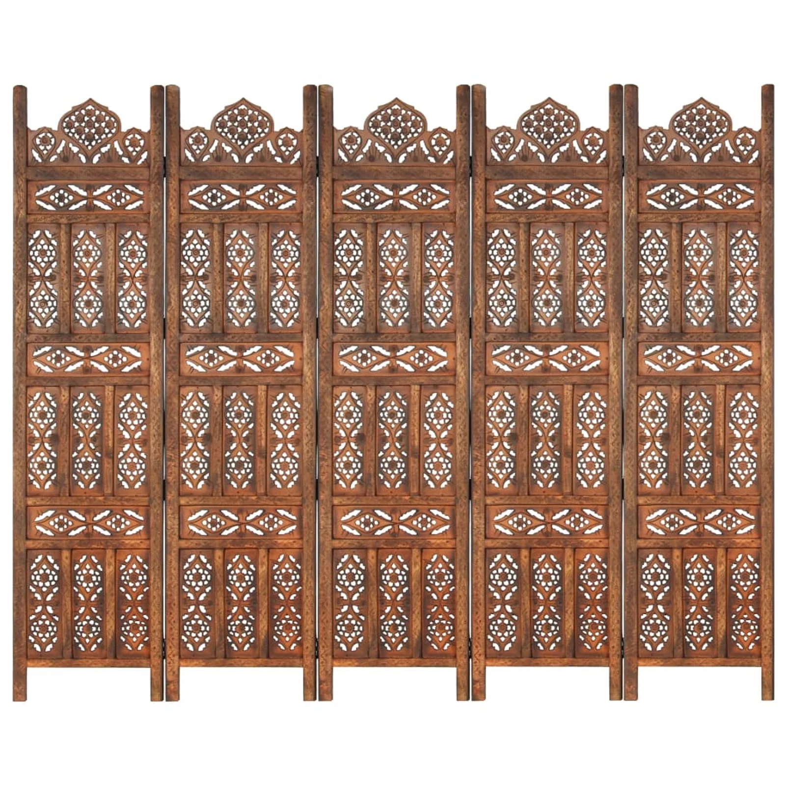 Uteam Room Divider 5-Panel Hand Carved Solid Mango Wood Brown 787x65 Inches