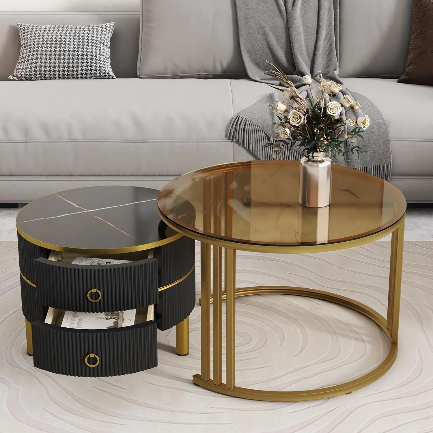 Nesting Coffee Table With 2 Drawers, Stackable Coffee Table With Brown Tempered Glass And High Gloss Marble , Set Of 2, Round Center Table For Living Room Office, Black