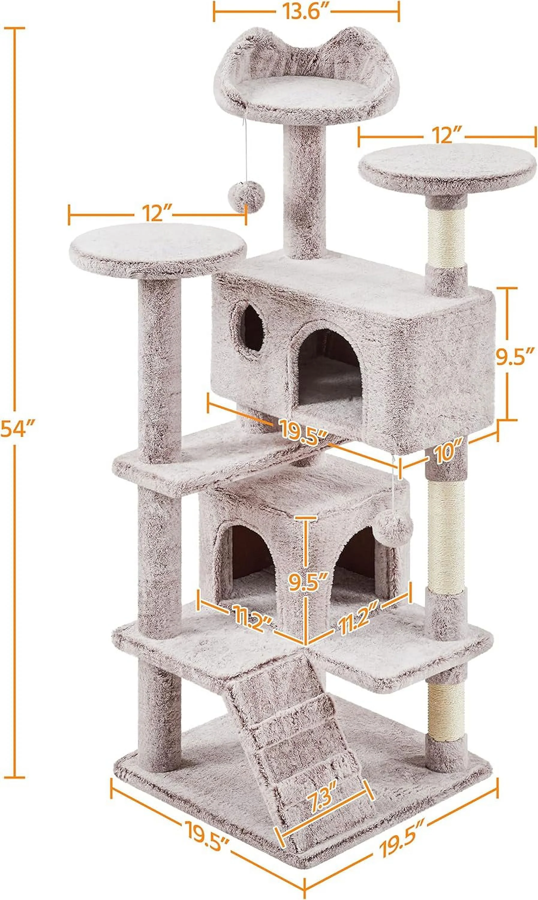 54in Cat Tree, Cat Tower with Double Cat Condo, Sisal Scratching Posts, and Dangling Balls, Cat Furniture Kitten Play House