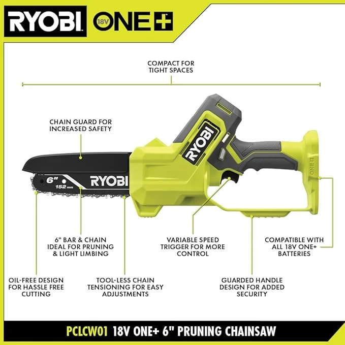 Ryobi ONE+ 18V 6 in. Battery Compact Pruning Mini Chainsaw (TOOL ONLY- battery and charger NOT INCLUDED)