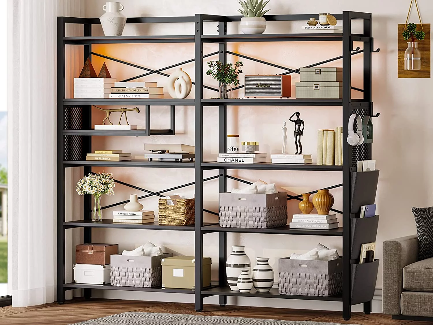 5-Tier Bookcase, Storage Shelves Organizer with LED Light, 2 Pegboards, Storage Bag & 4 Hooks for Bedroom, Black Finish