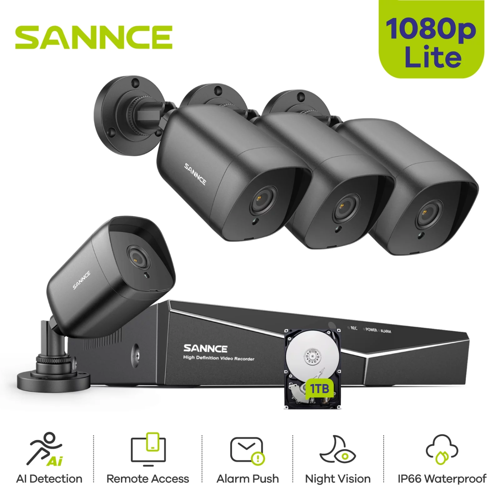 SANNCE 4CH 1080P 5in1 DVR Home Video Surceillance 4Pcs 2.0MP Night Vision Security Camera System 1TB HDD,Wired CCTV