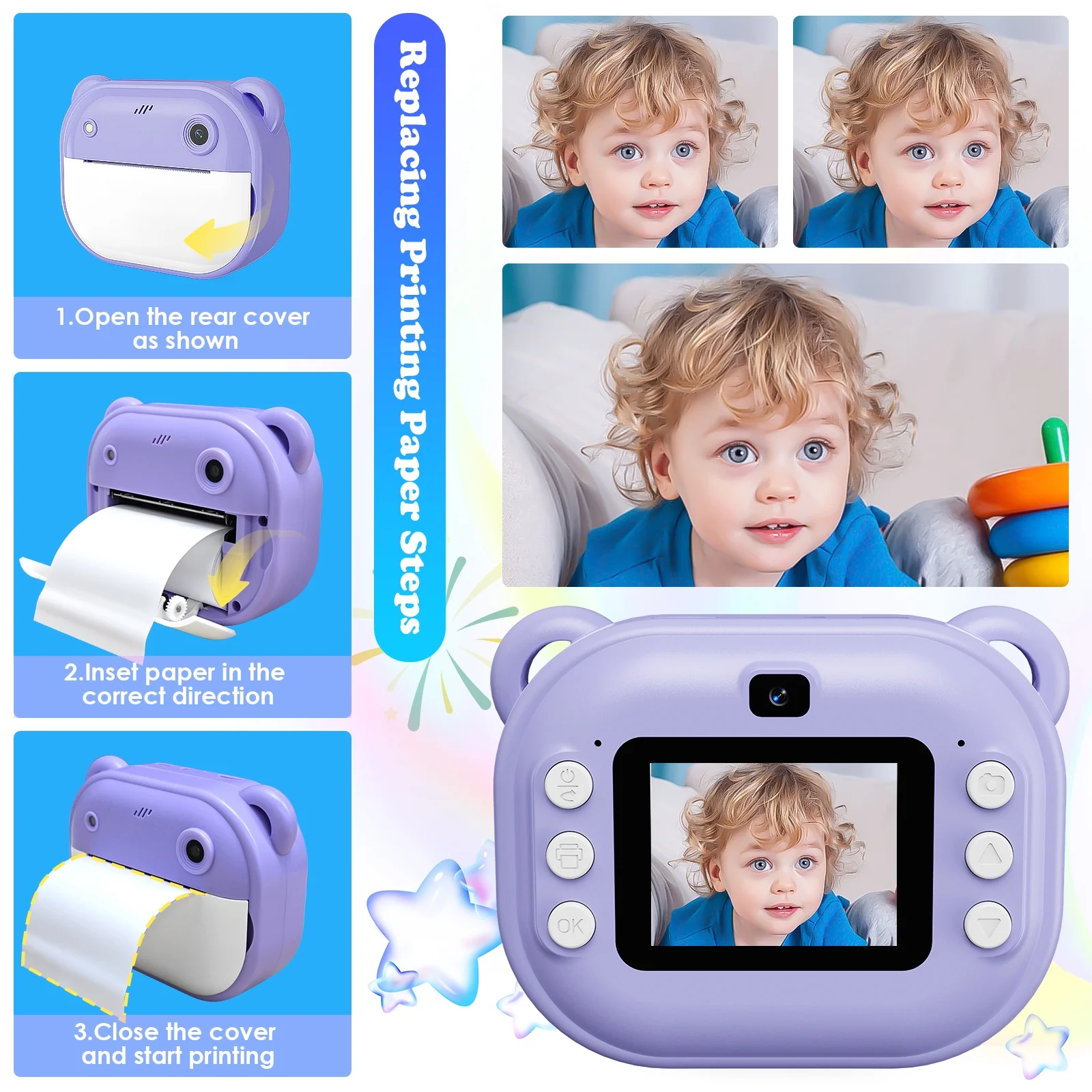 VILINICE Kids Camera Instant Print, 1080P HD Selfie Digital Camera with Print Paper, Toddler Portable Travel Camera Toy for 4 5 6 7 8 9 Year Old Boys Girls, Purple