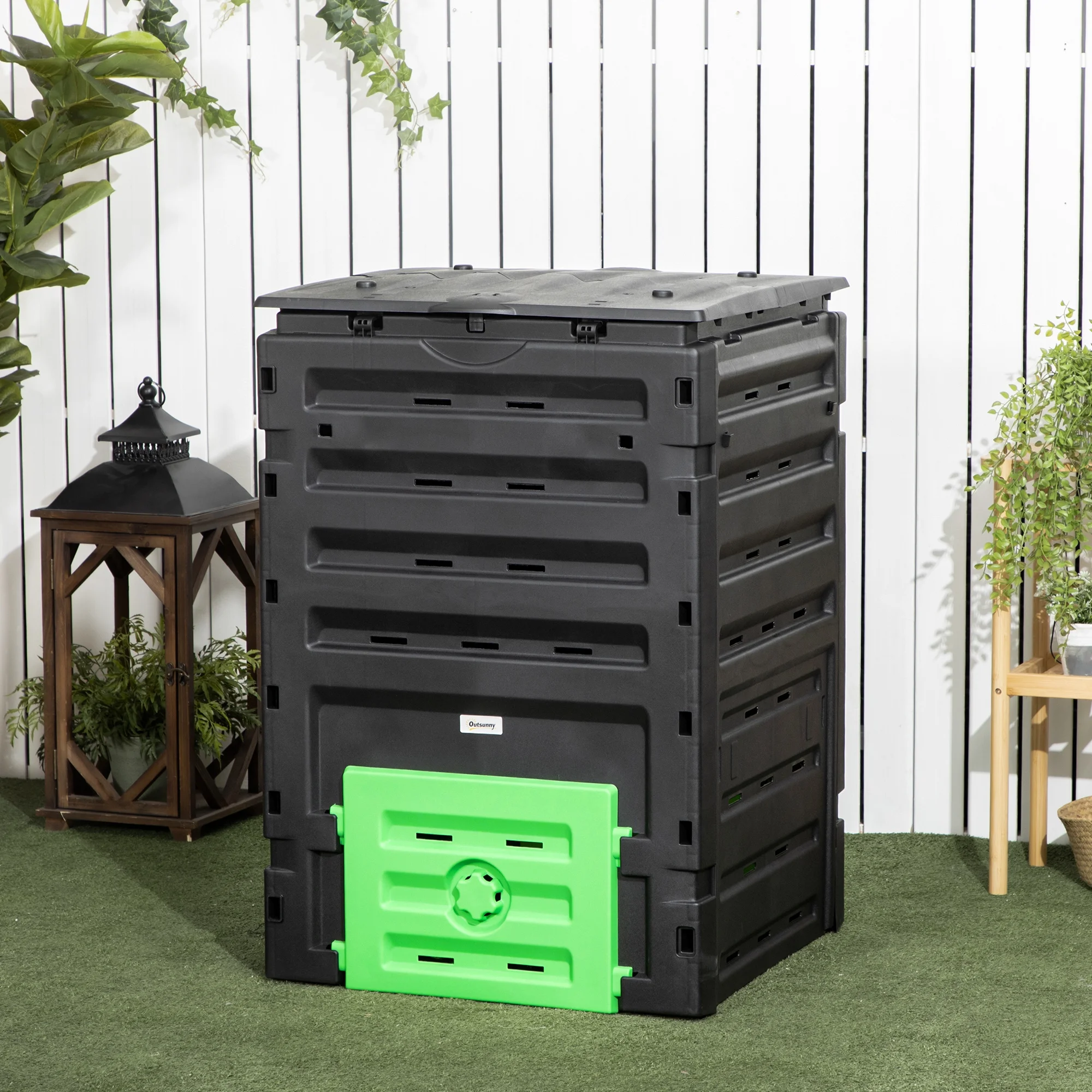 Homiyad Garden Compost Bin, 120 Gallon (450L) Garden Composter, Bpa Free, with 80 Vents and 2 Sliding Doors, Lightweight & Sturdy, Fast Creation of Fertile Soil, Black