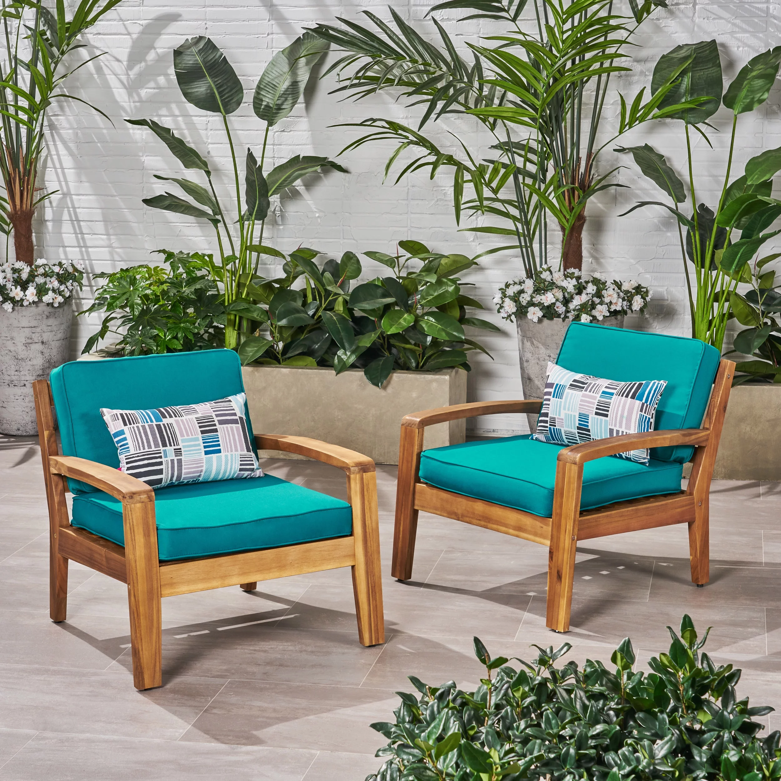 Wilcox Outdoor Acacia Wood Club Chairs with Sunbrella Cushions, Set of 2, , Teak and Sunbrella Teal