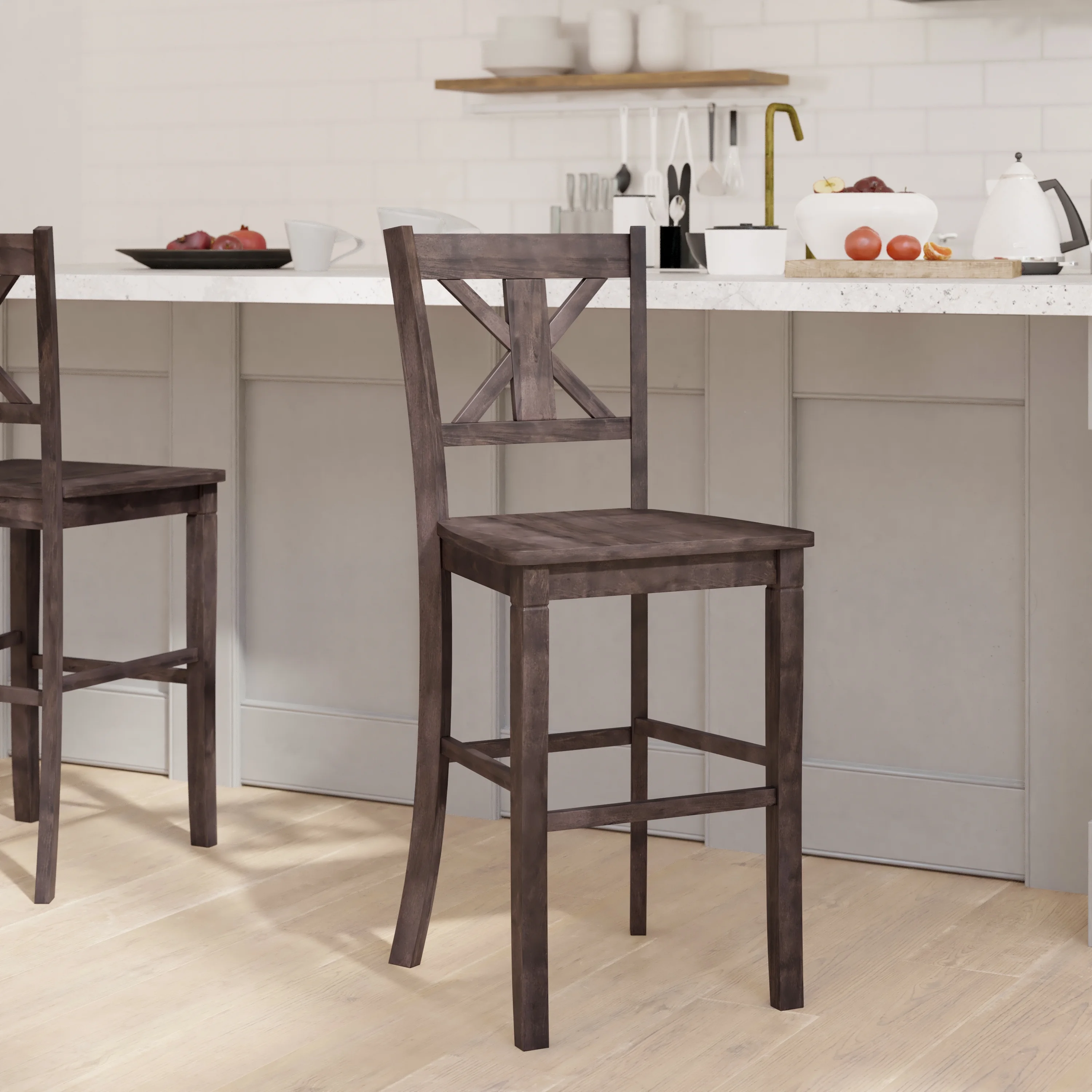 Emma + Oliver Wooden Modern Farmhouse Bar Height Dining Stool in Gray Wash with Decorative Carved Backrest and Walnut Finished Wood Seat