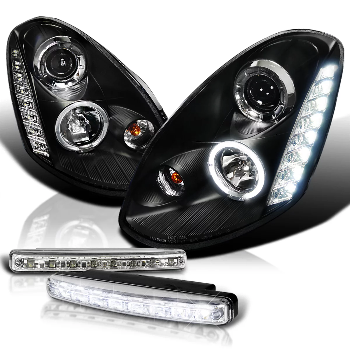 Spec-D Tuning Black Halo SMD LED Projector Headlights + 8-LED Fog Lamps Compatible with Infiniti G35 Left + Right Pair Headlamps Assembly