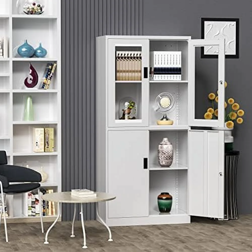 CHYUINJ Glass Display Cabinet Curio Cabinet with Glass Door and Adjustable Shelves  71" Tall Freestanding Steel Kitchen Pantry Cabinet Bookcase Metal Locker  Cabinet for Home  Living