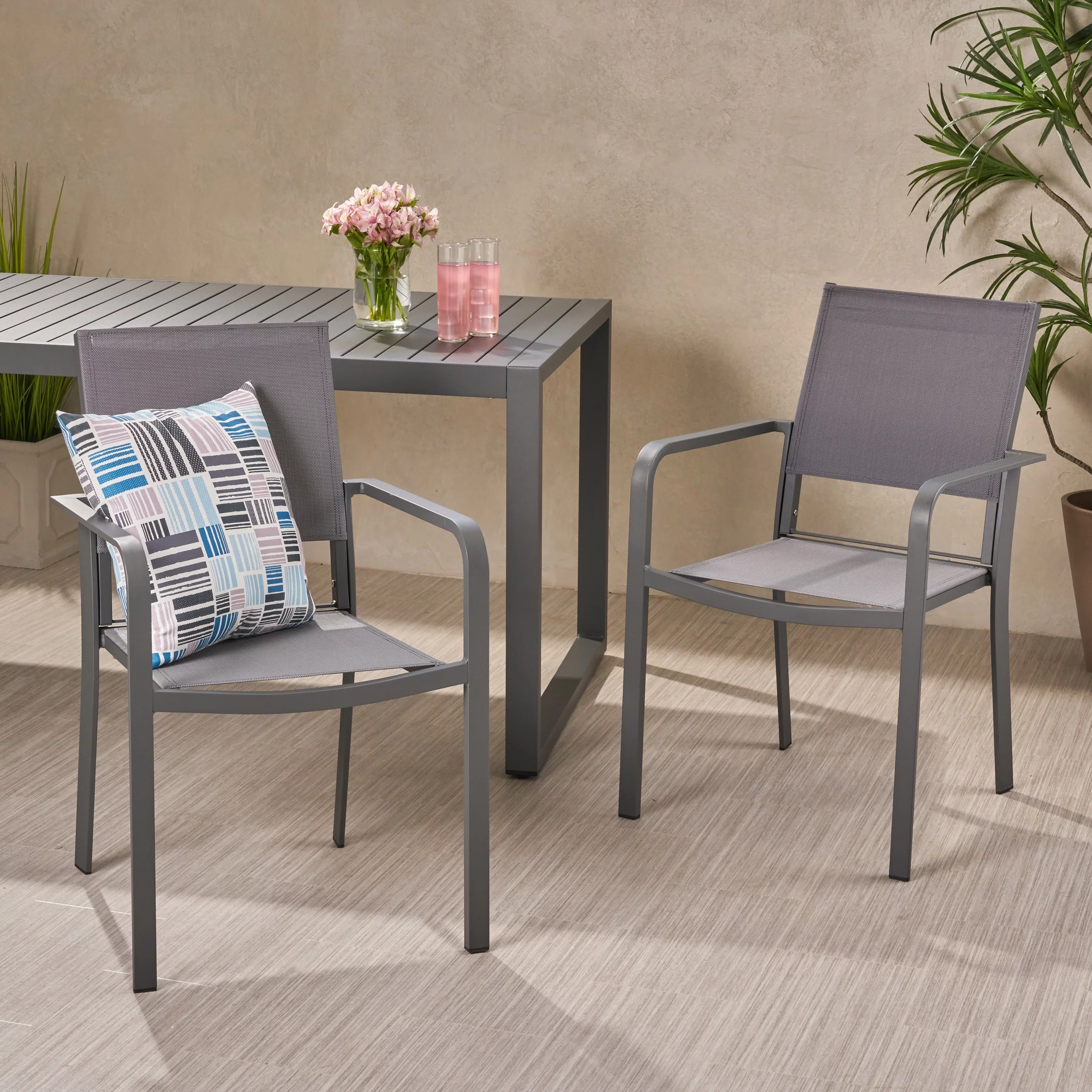 GDF Studio Martin Outdoor Modern Aluminum Dining Chair with Mesh Seat (Set of 2), Gun Metal Gray and Dark Gray