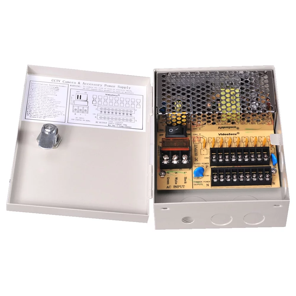 VideoSecu 9 CH CCTV Security Camera Distributed Power Supply Box 12V DC Key Lock for Home Surveillance DVR System bpe