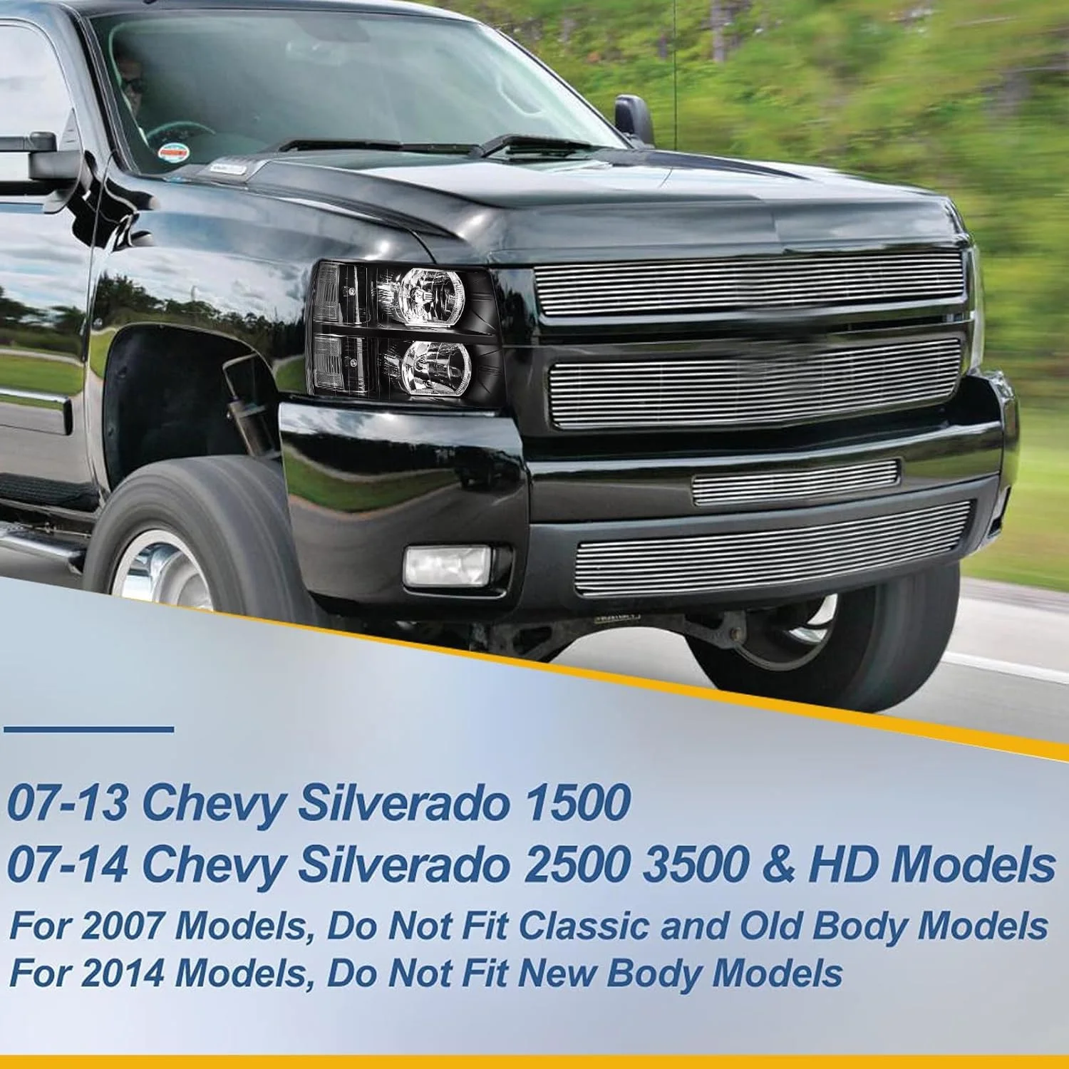 Black Housing Headlight Assembly compatibel with 2007-2013 Chevy Silverado 1500, 07-14 Silverado 2500HD 3500 Headlights Headlamp Replacement Pair, Clear Side