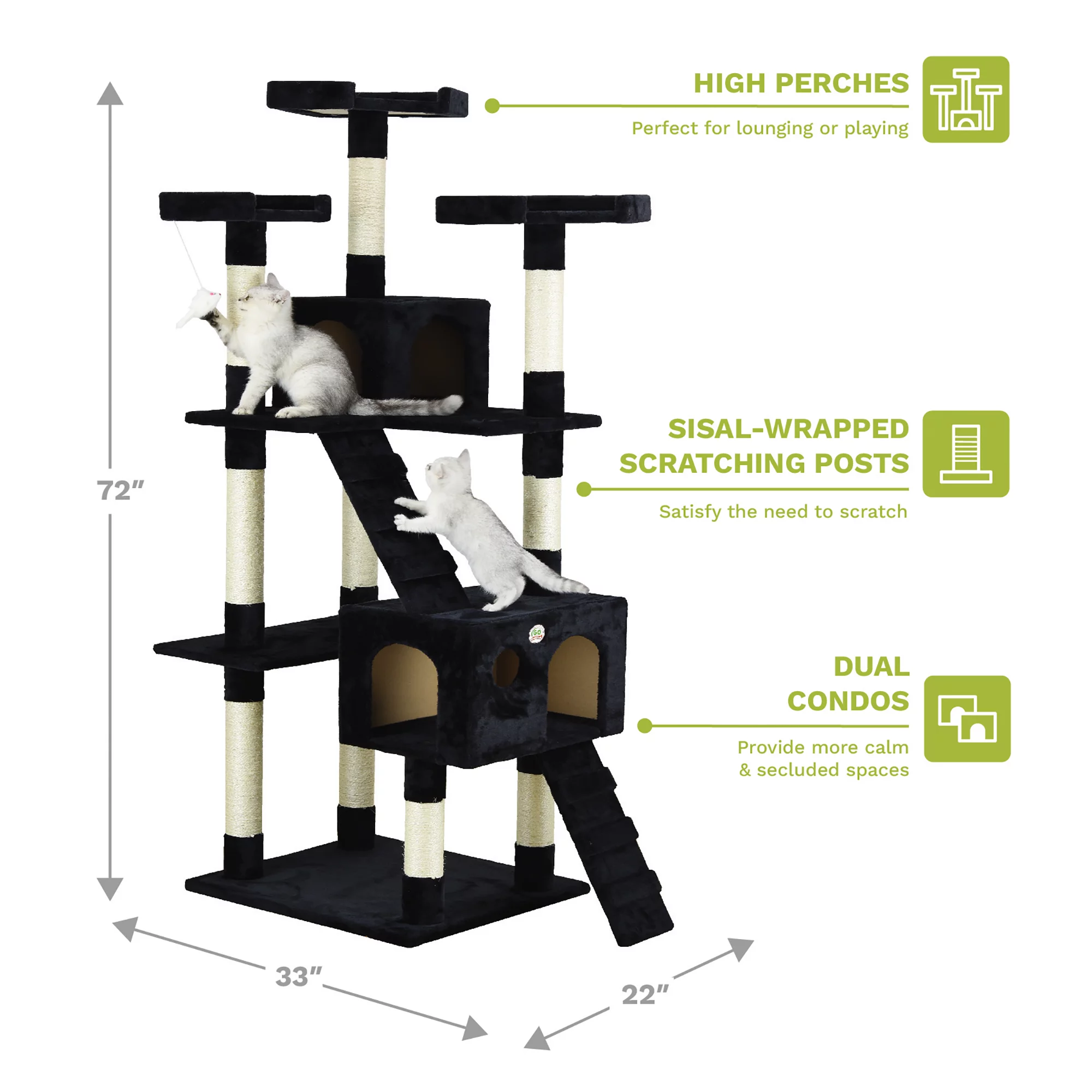 Go Pet Club 72-in Cat Tree & Condo Scratching Post Tower, Black