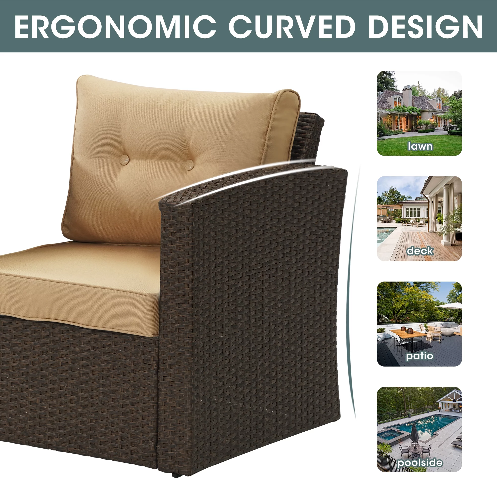 Sunvivi 7 Pieces Patio Furniture Sets Outdoor Conversation Sets, Outdoor Aluminum Frame Sectional Couch Sofas with Brown Cushion,Beige PE Wicker