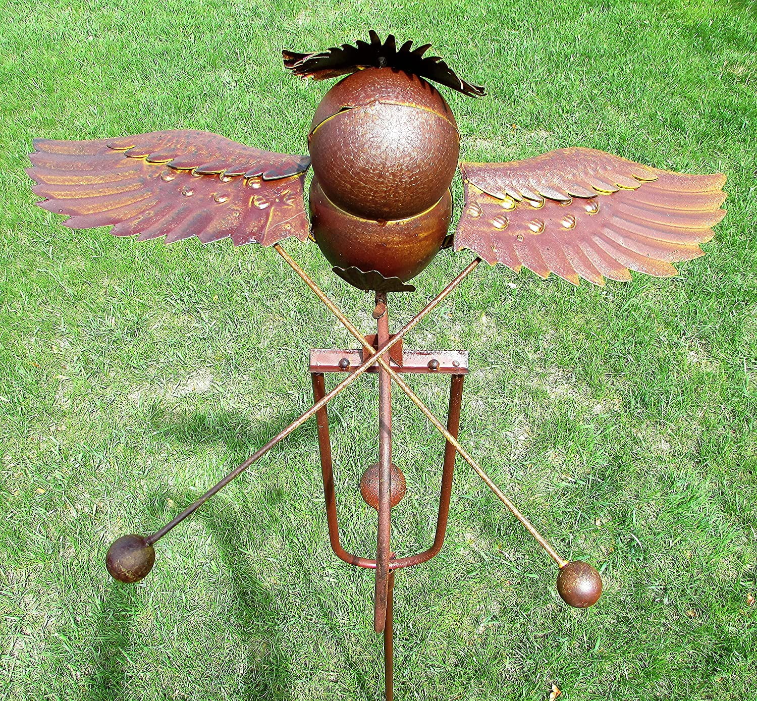 Kinetic Metal Brown Owl Yard Stake Rocking Wind Spinner Whirly-Gig Garden Art