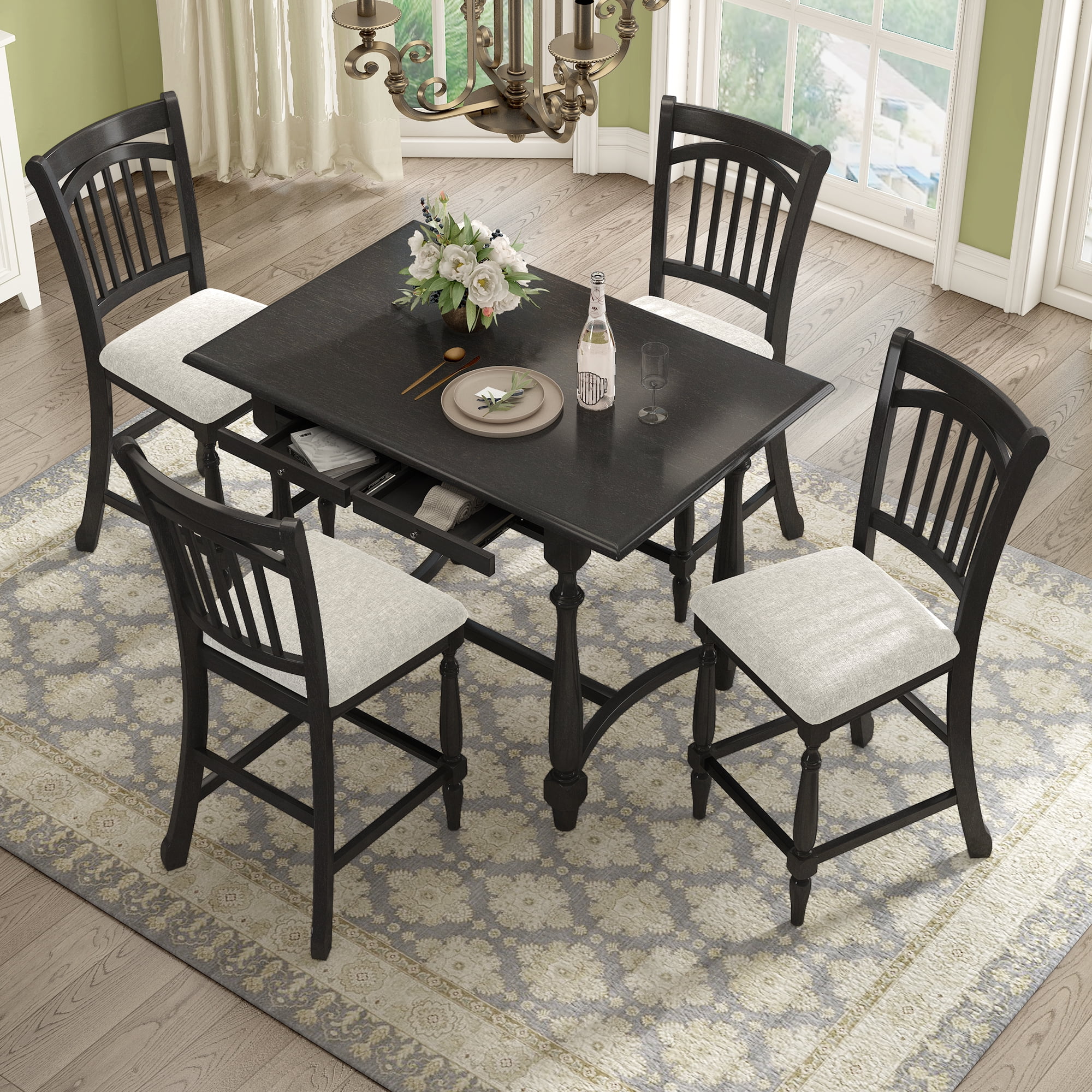 Churanty Farmhouse 5 Pieces Wood Counter Height Dining Table Set for 4,Kitchen Rectangle Table with Storage Drawers and 4 Upholstered Chairs, Espresso