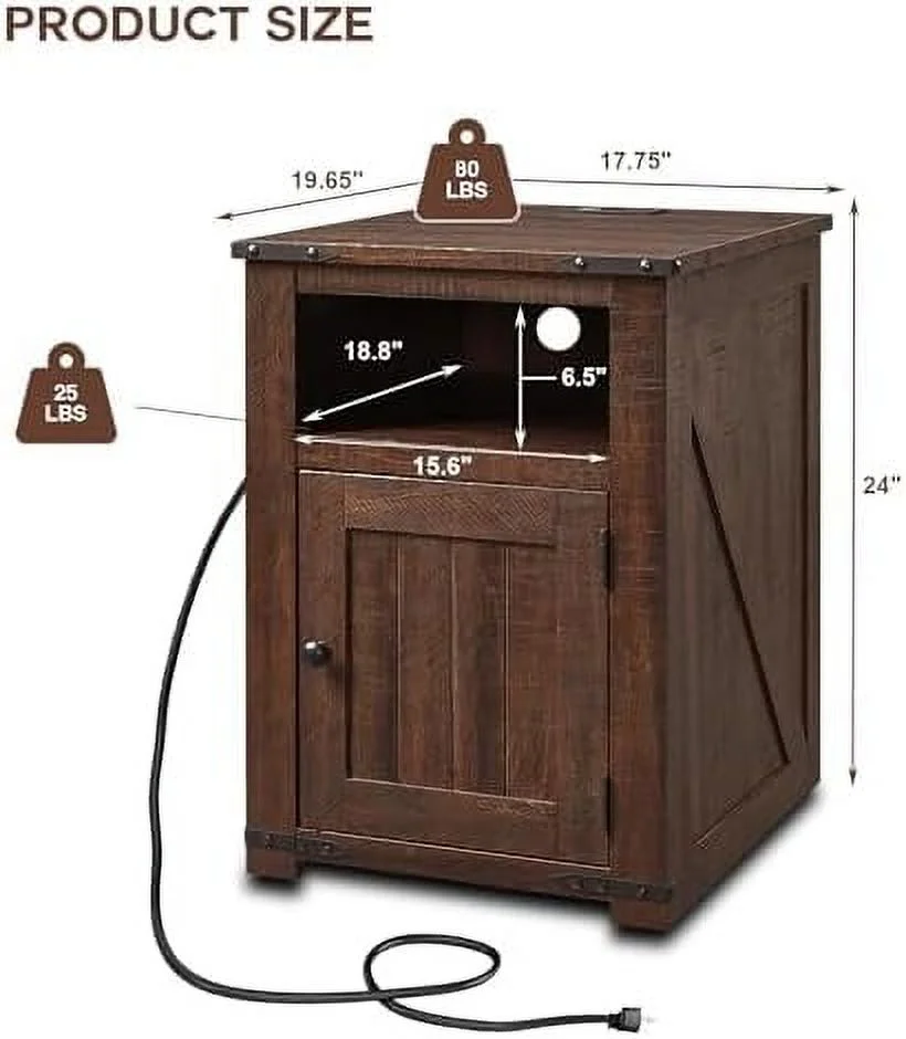 FDSHOIYN Farmhouse Nightstand with Charging Station  20" Rustic End Table w/Barn Door  Wood Sofa Side Bedside Table w/Open Shlef & Stroage Cabinet for Bedroom，Brown