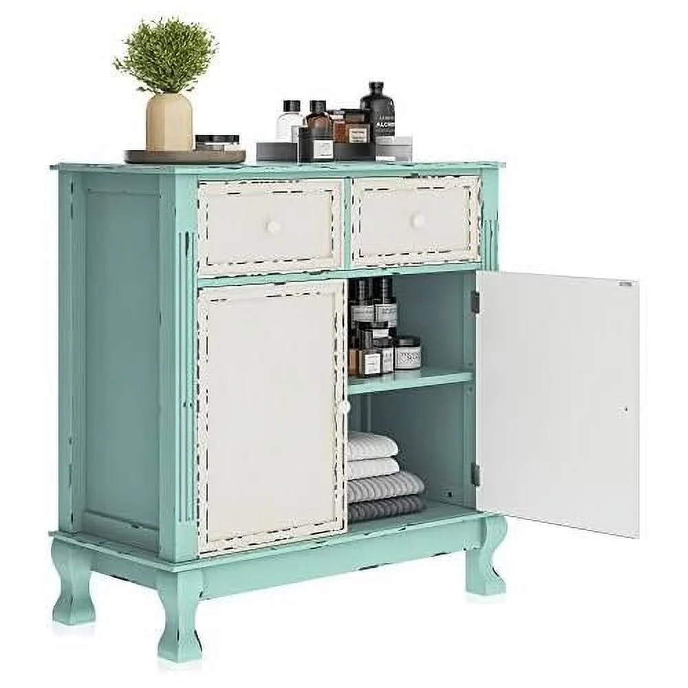 Rustic 32 Inch Wood Entryway Sideboard Cabinet, Antique Farmhouse Vintage Traditional Accent Storage Chest, Two Living Room Decor - Abbey (Sea Foam Green)