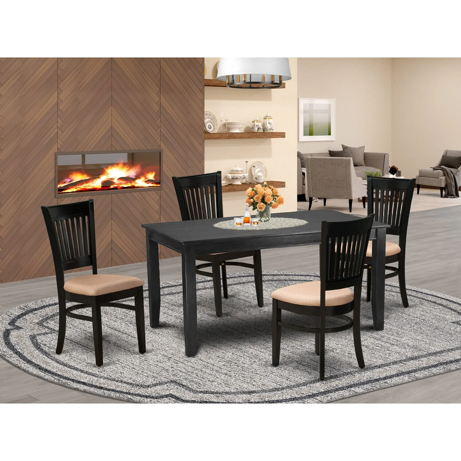 HomeStock Renaissance Rhapsody 5-Pc Kitchen Dining Table Set-4 Kitchen Dining Chairs With Slatted Back And Linen Fabric Seat-A Wood Dining Table With Rectangular Top And 4 Legs- Black Finish
