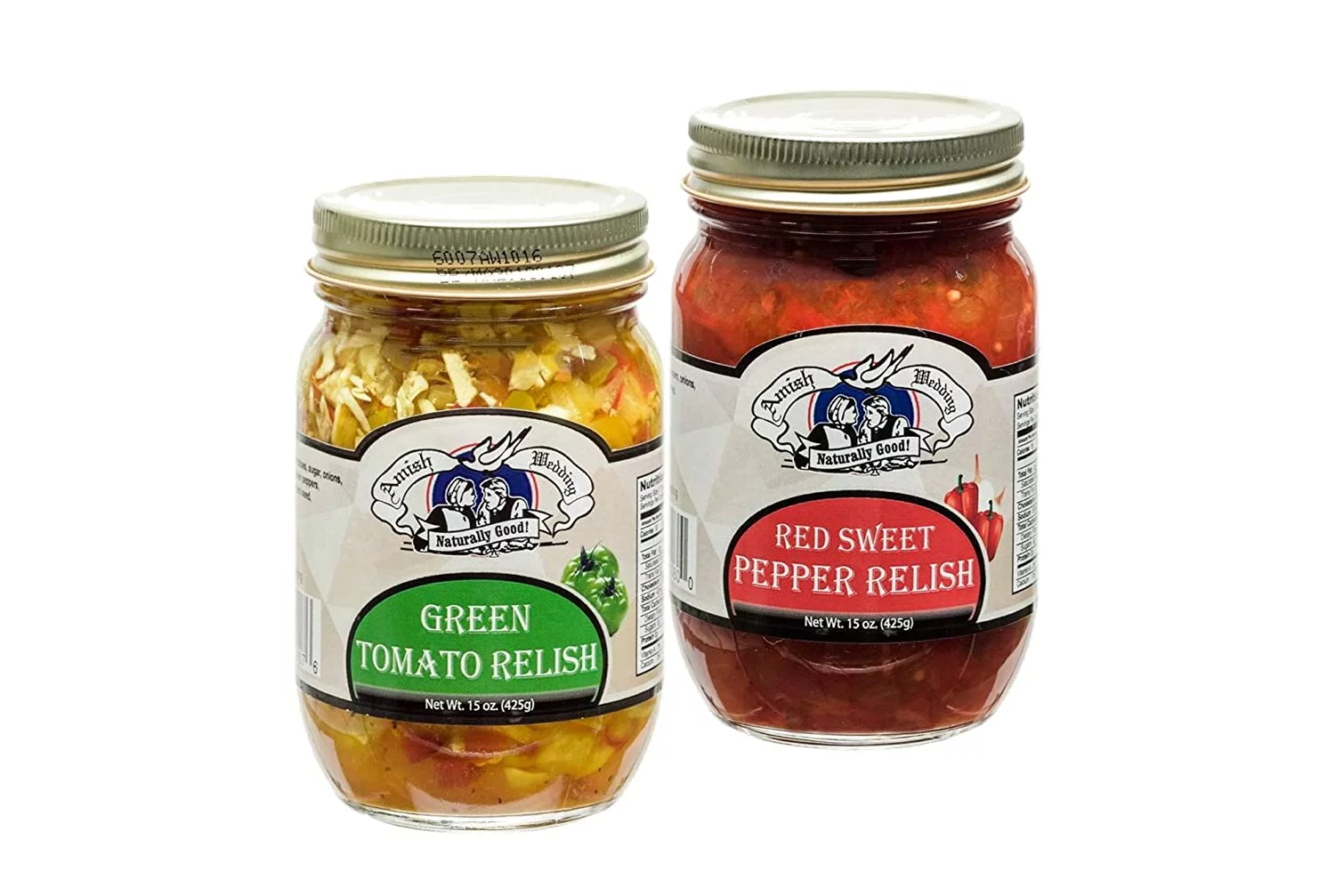 Amish Wedding Foods Green Tomato Relish & Sweet Red Pepper Relish Variety 2-Pack, 15 oz. Jars