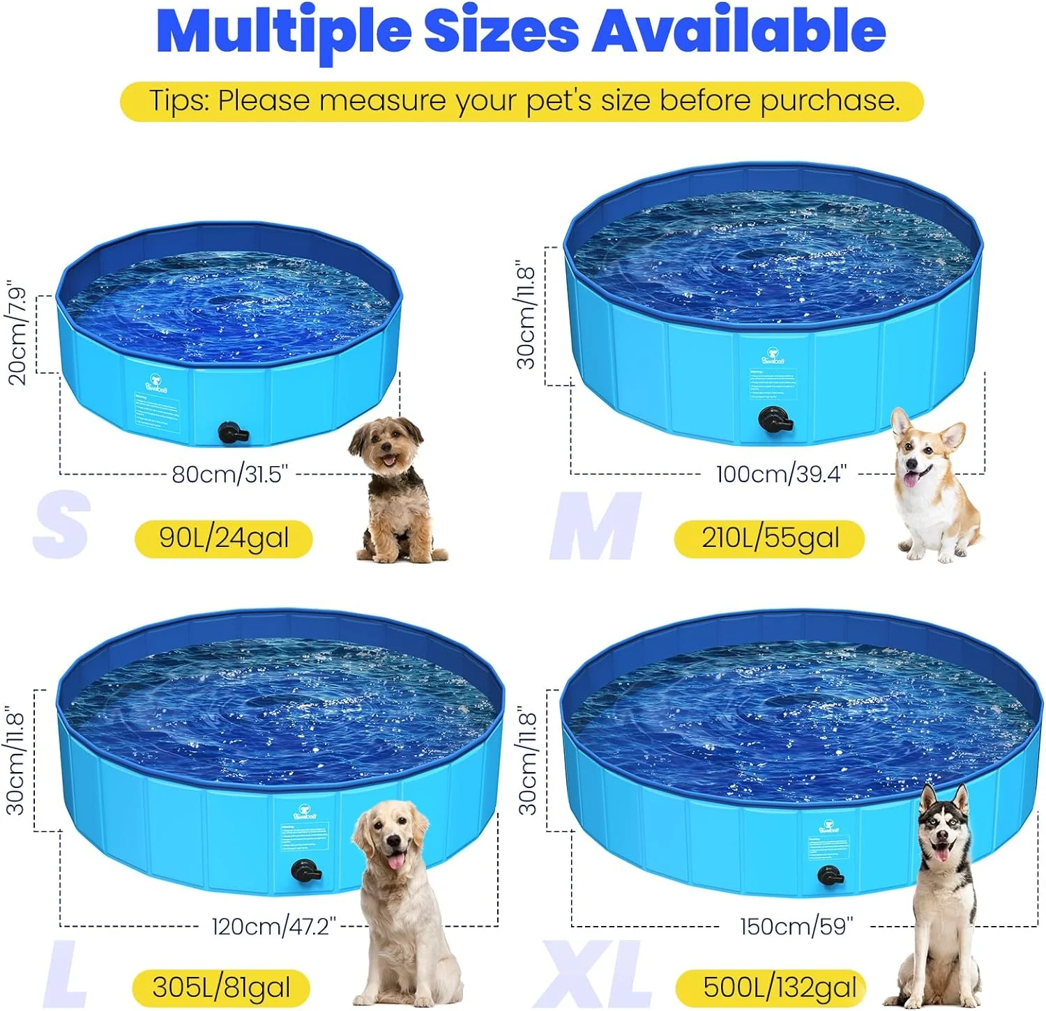 Pawaboo Foldable Dog Bath Pool, Pet Dog Swimming Pool Easy Storage, Hard Scratch Resistant Pet Bath Tub for Puppies Cats, Portable Pet Kiddie Wading Bathing Pool (47''D x 12''H, L)