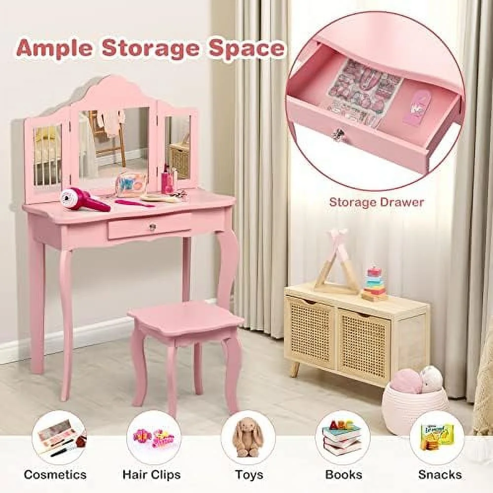 ZFGSUIJN Vanity  Toddler Wooden  Vanity Table & Chair Set  Tri-Fold Princess Mirror  Little Girls Vanity Set with Mirror and Stool (Pink)