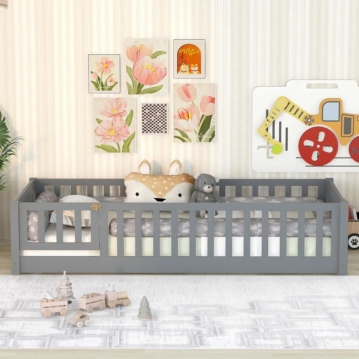 YANRUI Twin Size Floor Bed with Door and Fence for Kids, Montessori Floor Bed with Slats and Safety Guardrails,Solid Wood Twin Bed Frame for Girls Boys(Twin,Gray)