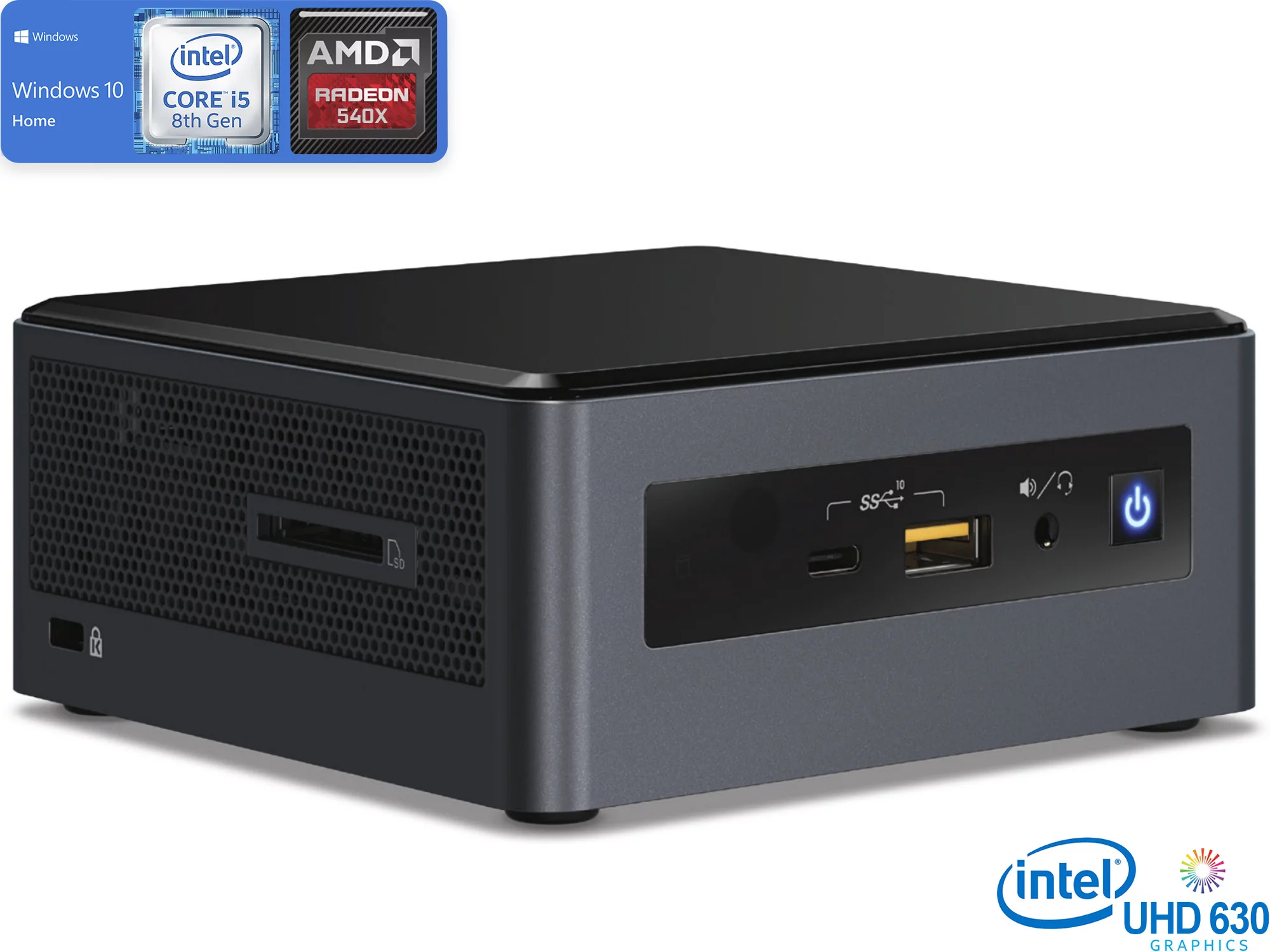Intel NUC8i5INHJA Mini PC, Intel Core i5-8265U Upto 3.9GHz, 8GB RAM, 512GB NVMe SSD, AMD Radeon 540X, HDMI, Mini DisplayPort, Card Reader, Wi-Fi, Bluetooth, Windows 10 Home